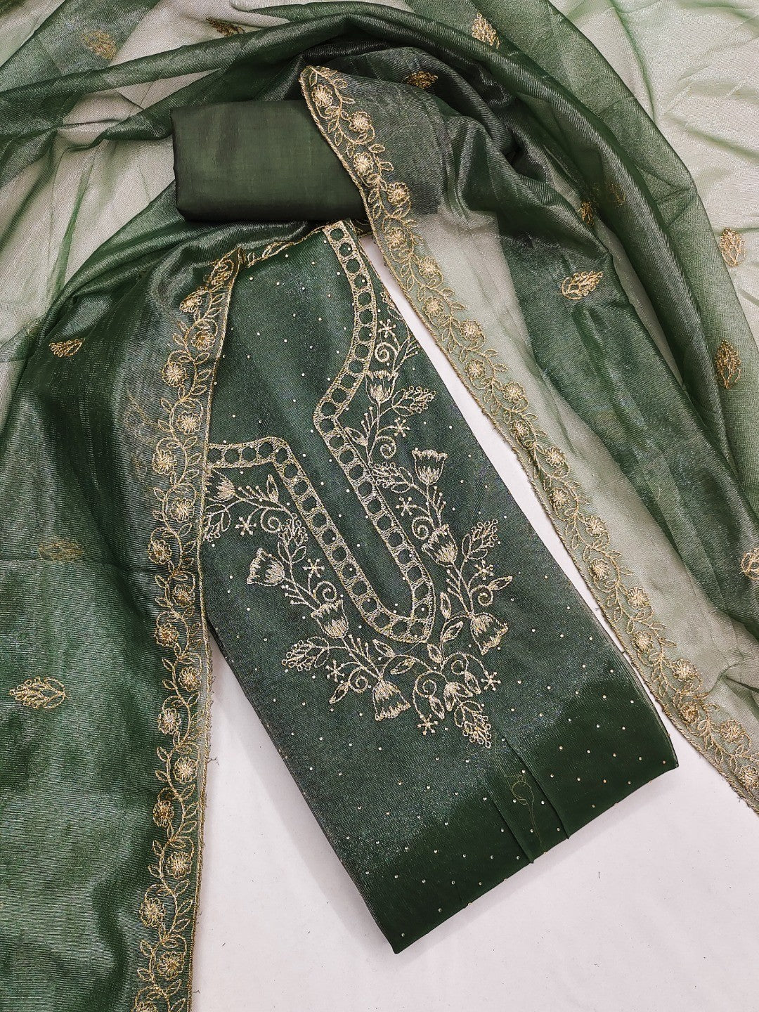 Sophisticated Green Floral Embroidered Organza Dress Material With Fine Swarovski Accents - Image 4