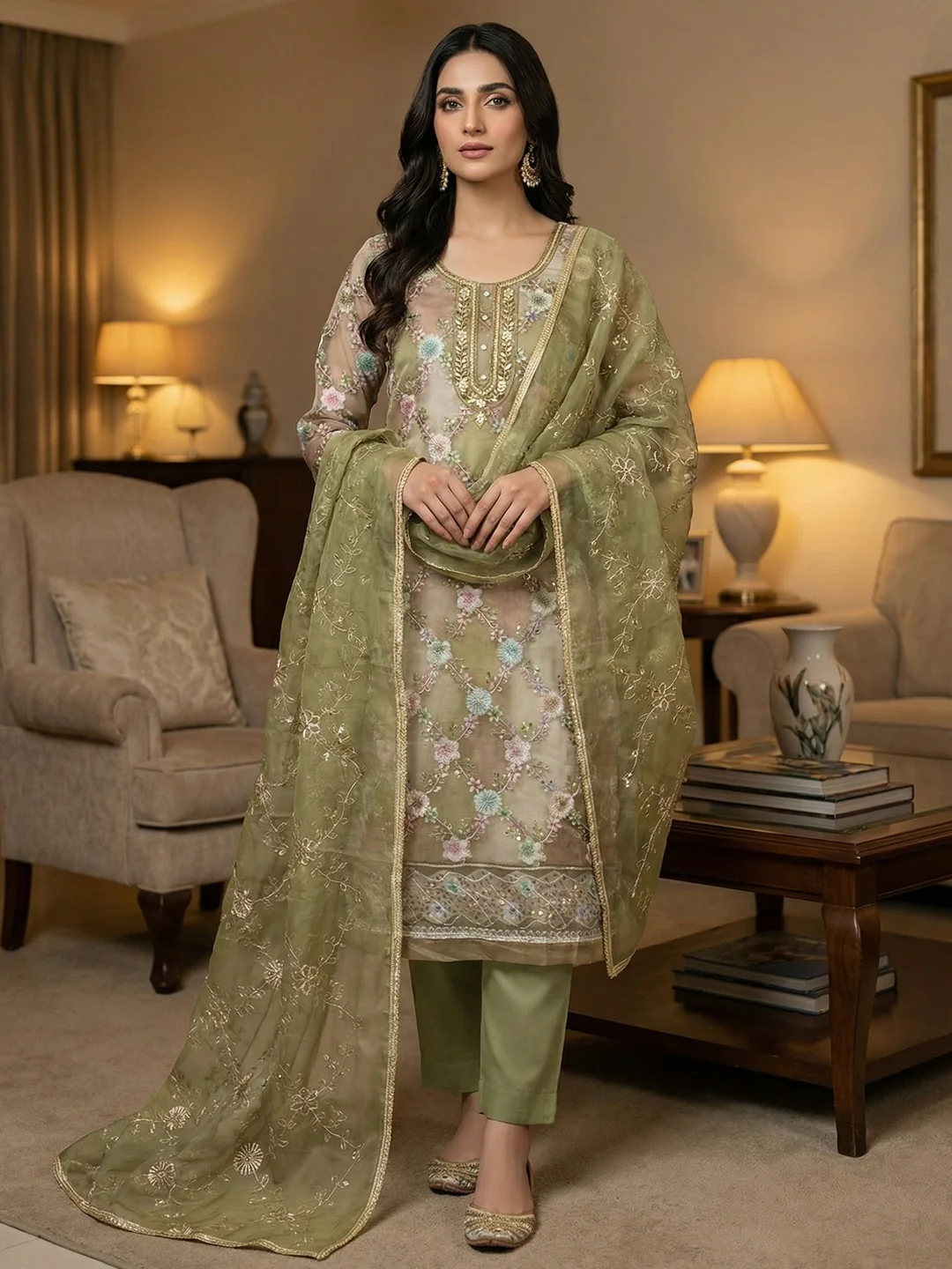 Sophisticated Green Floral Print Organza Dress Material With Sequins Embroidery & Moti Handwork