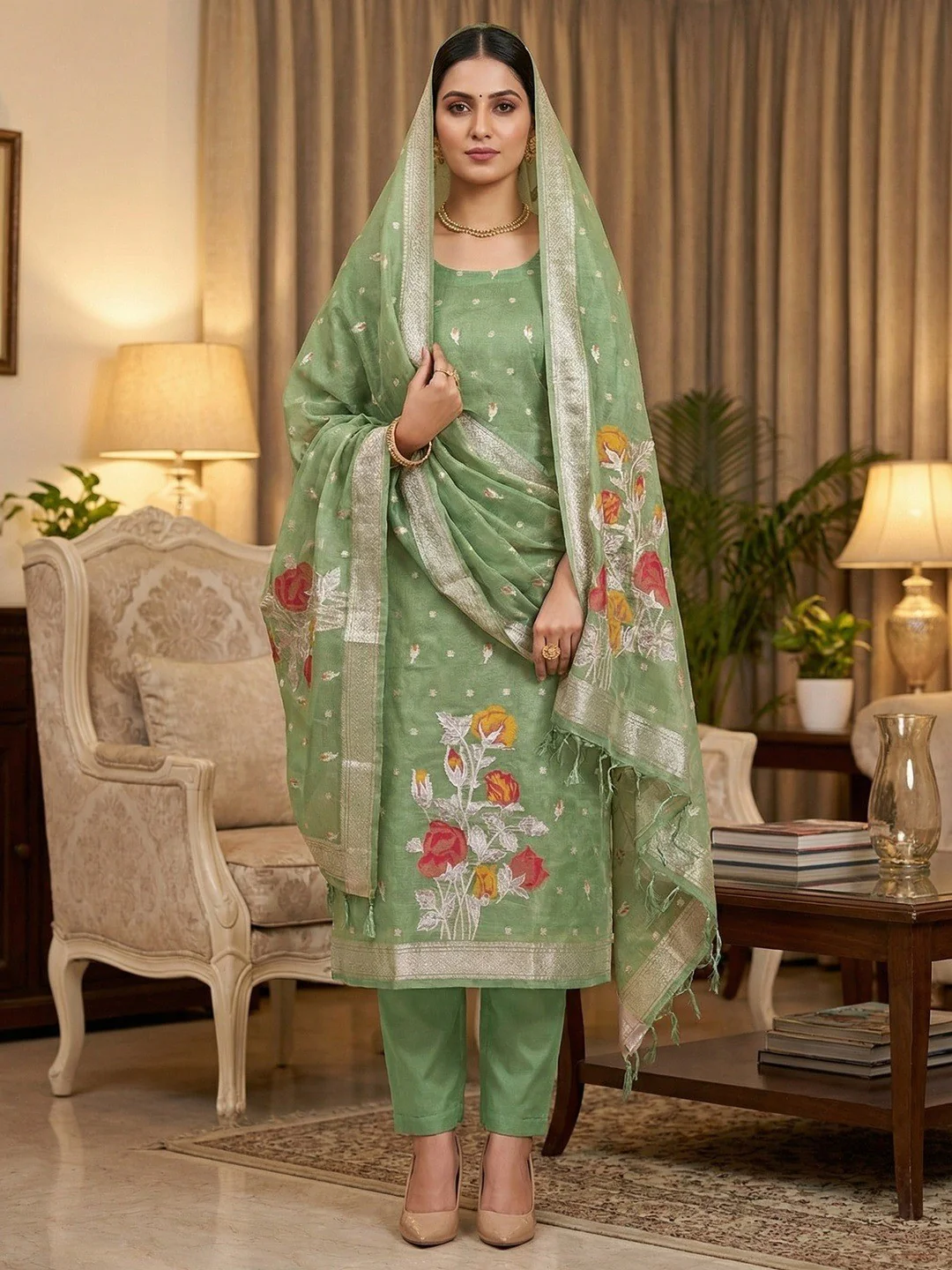 Sophisticated Green Floral Weaving Tissue Shimmer Jacquard Dress Material