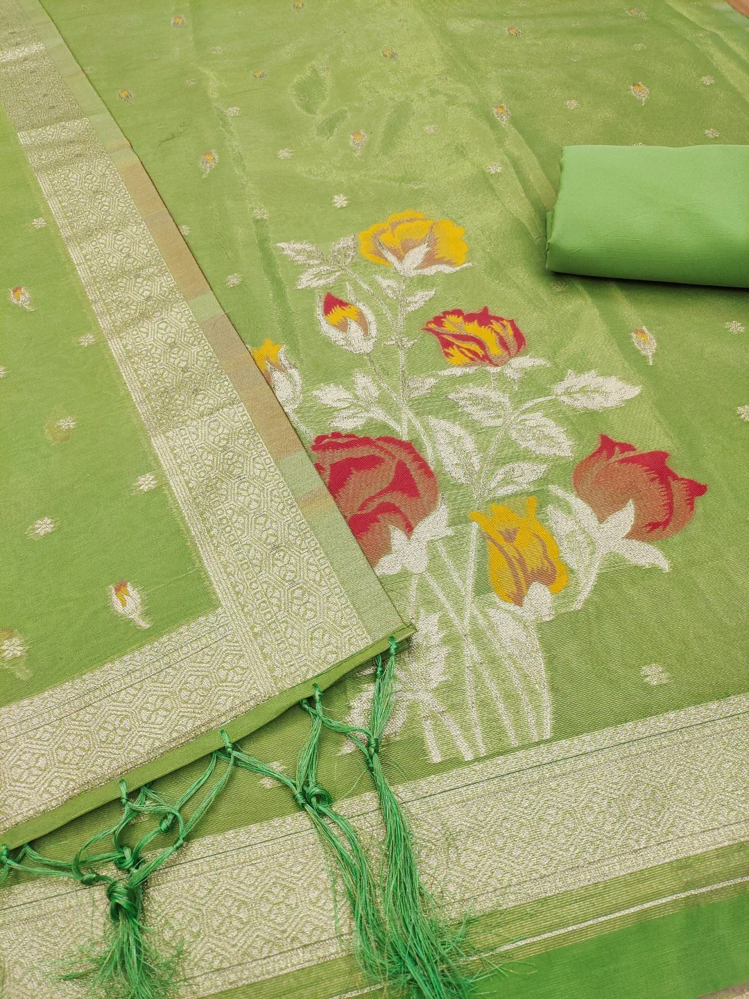 Sophisticated Green Floral Weaving Tissue Shimmer Jacquard Dress Material - Image 4