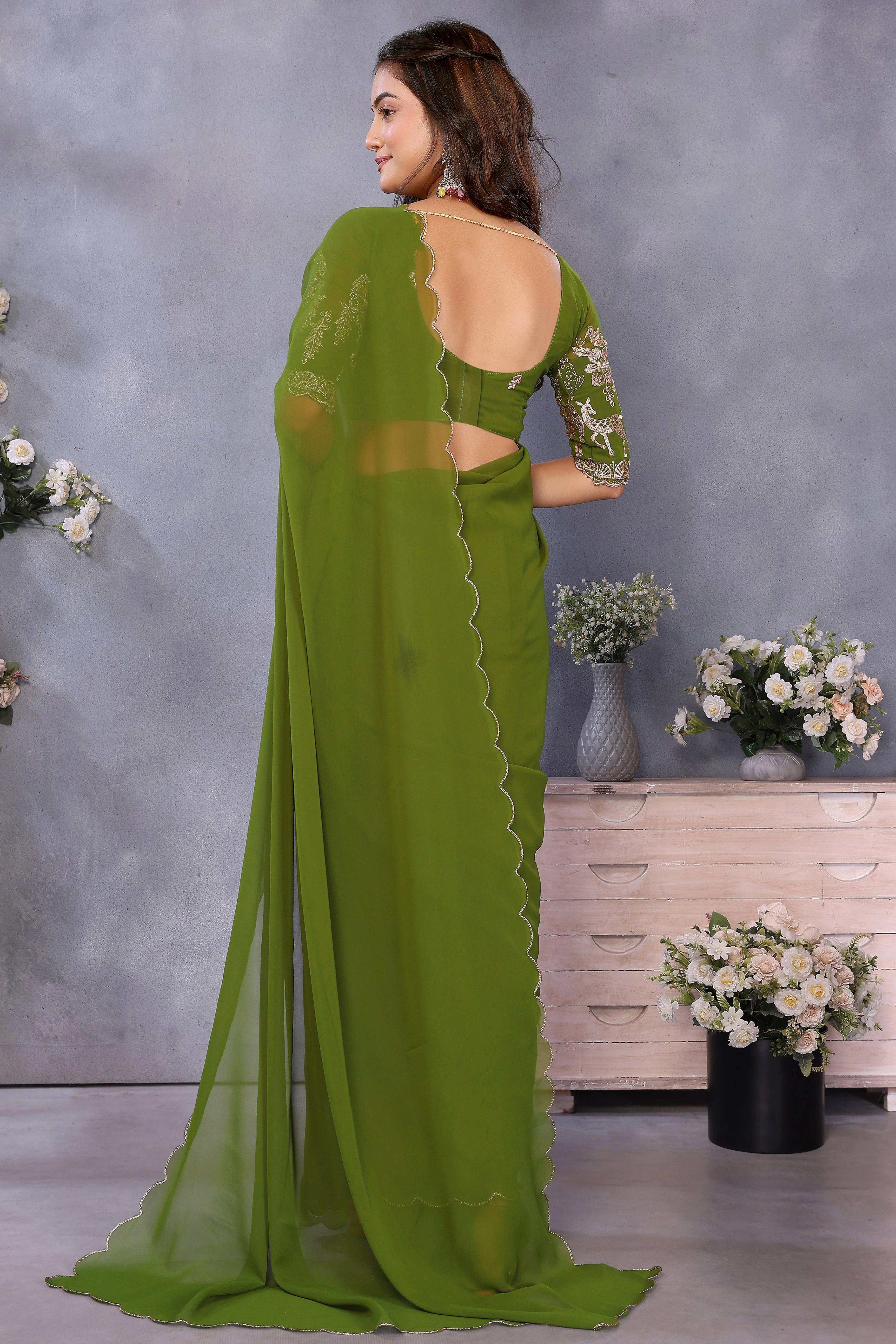 Sophisticated Green Party Wear Saree in Flowing Georgette Fabric With Embellished Blouse - Image 2