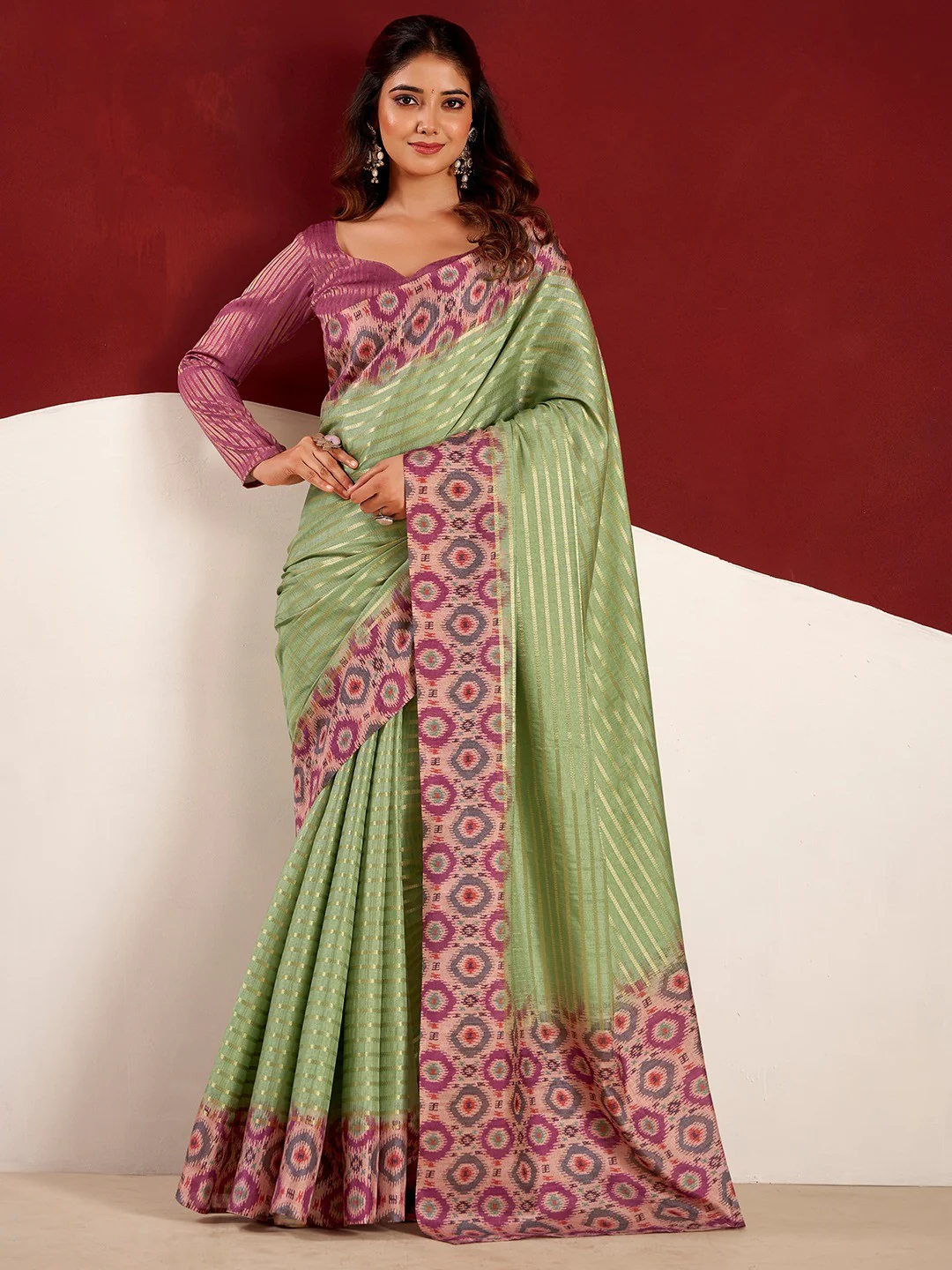 Sophisticated Green Tussar Silk Saree With Rich Golden Zari Weaving Stripes