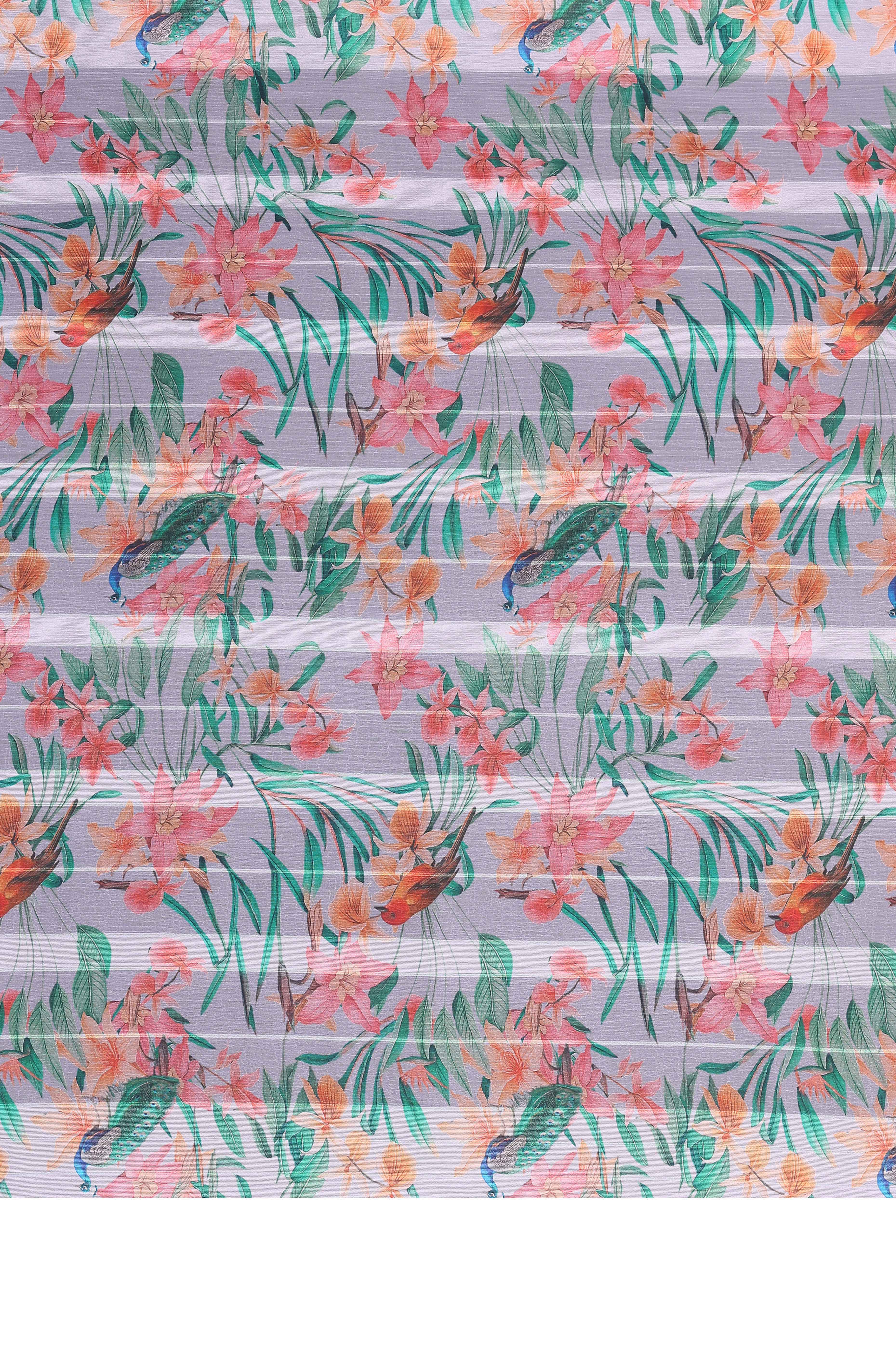 Sophisticated Grey Floral Digital Print Georgettte Saree With Zari Touch & Striped Design - Image 7