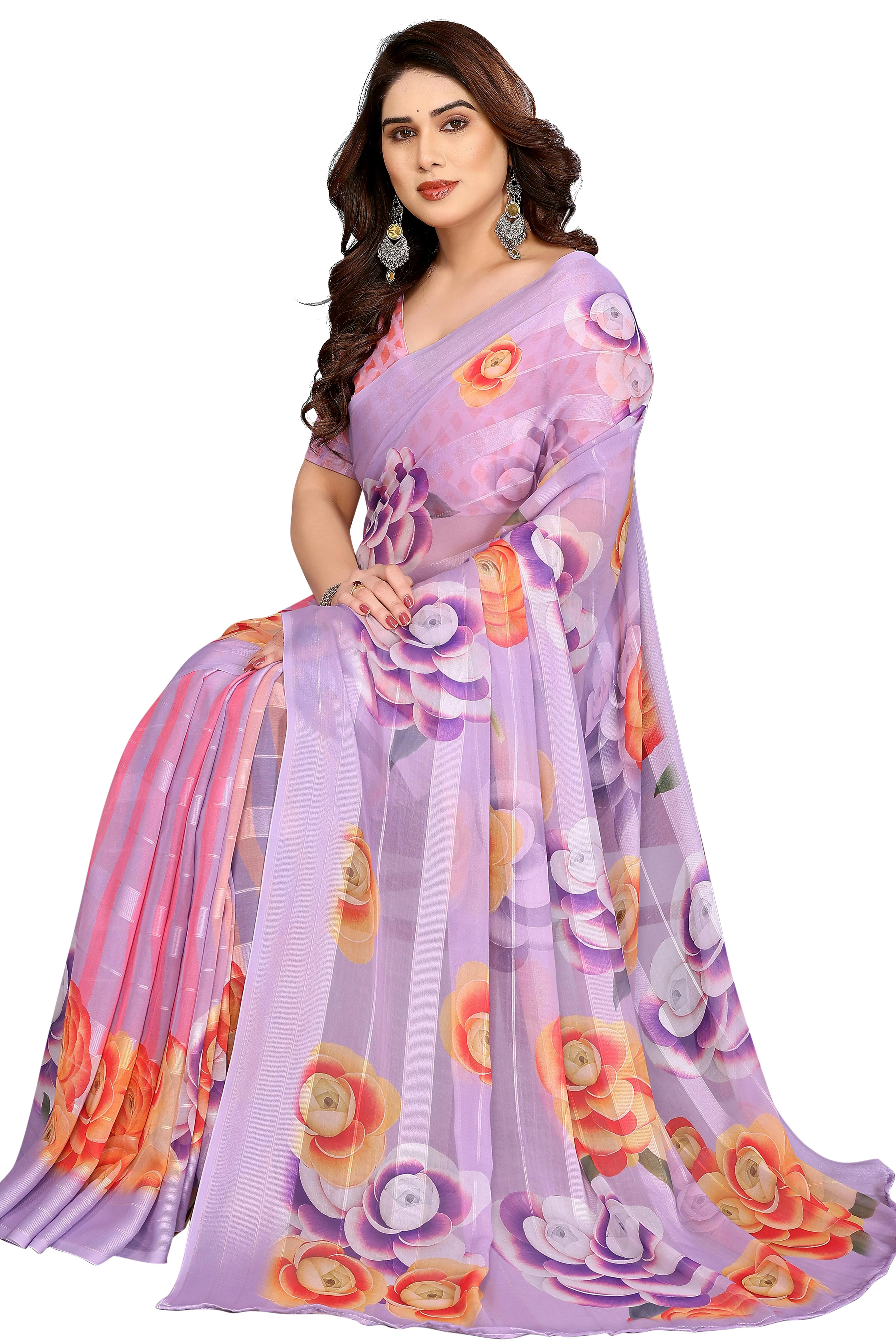 Sophisticated Lavender Floral Digital Print Georgettte Saree With Zari Touch & Striped Design - Image 3