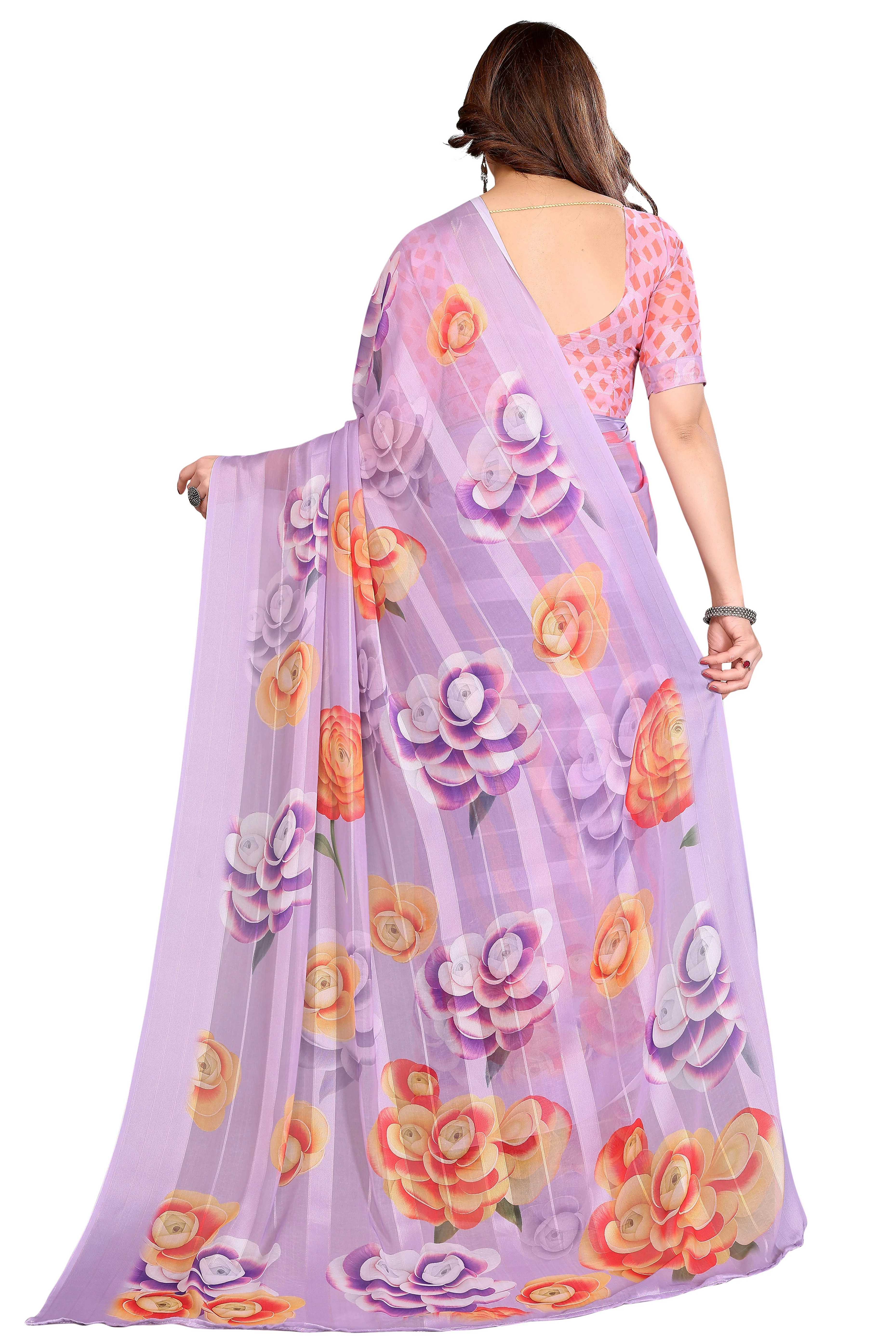 Sophisticated Lavender Floral Digital Print Georgettte Saree With Zari Touch & Striped Design - Image 4