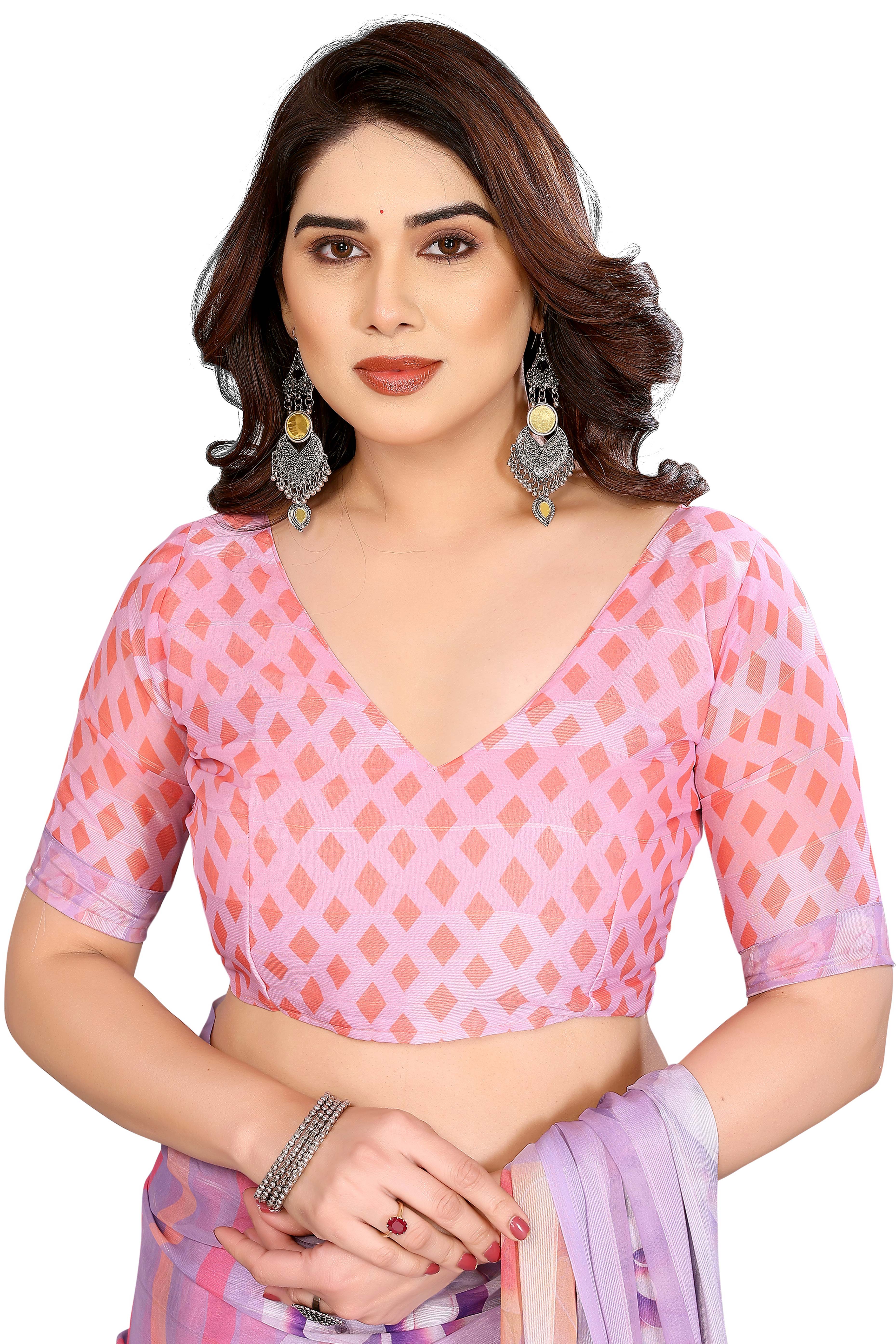Sophisticated Lavender Floral Digital Print Georgettte Saree With Zari Touch & Striped Design - Image 5