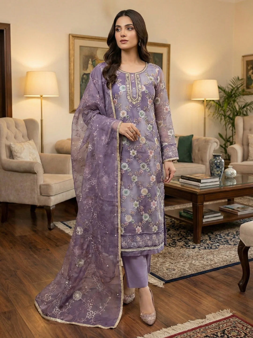 Sophisticated Lavender Floral Print Organza Dress Material With Sequins Embroidery & Moti Handwork