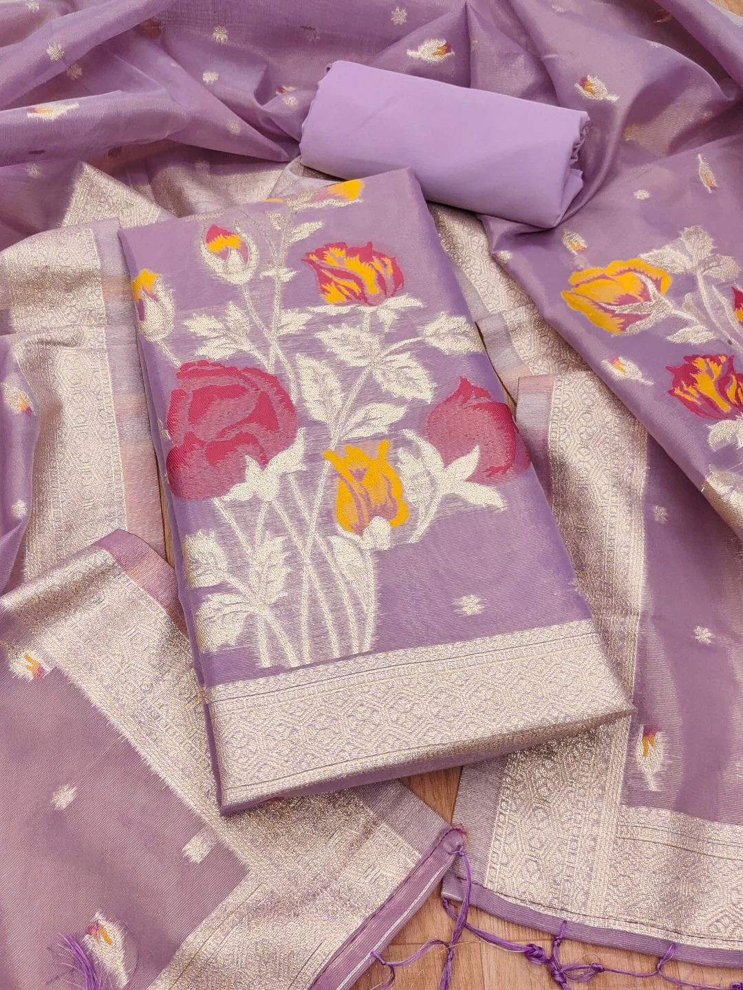 Sophisticated Lavender Floral Weaving Tissue Shimmer Jacquard Dress Material - Image 3