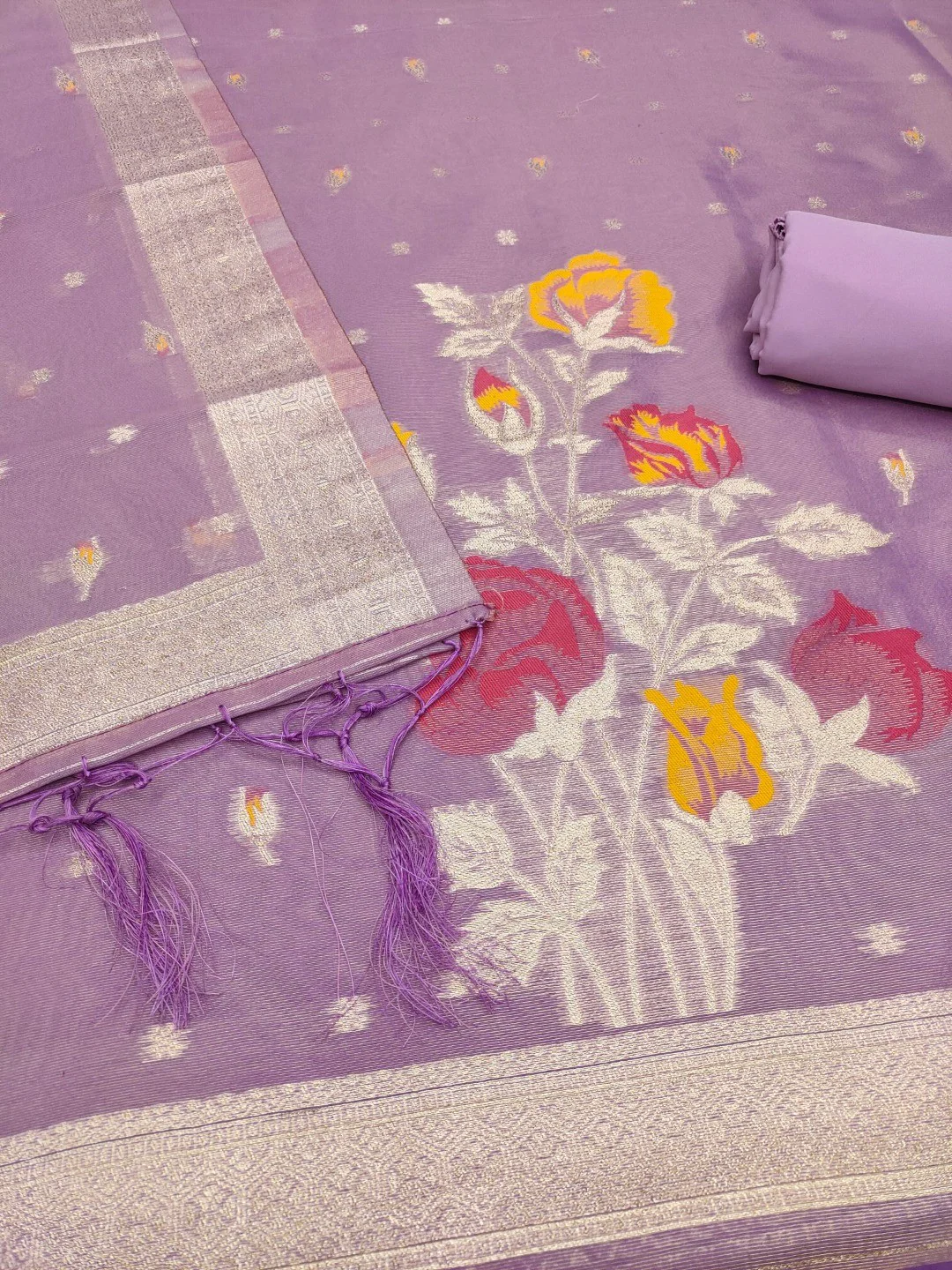 Sophisticated Lavender Floral Weaving Tissue Shimmer Jacquard Dress Material - Image 4