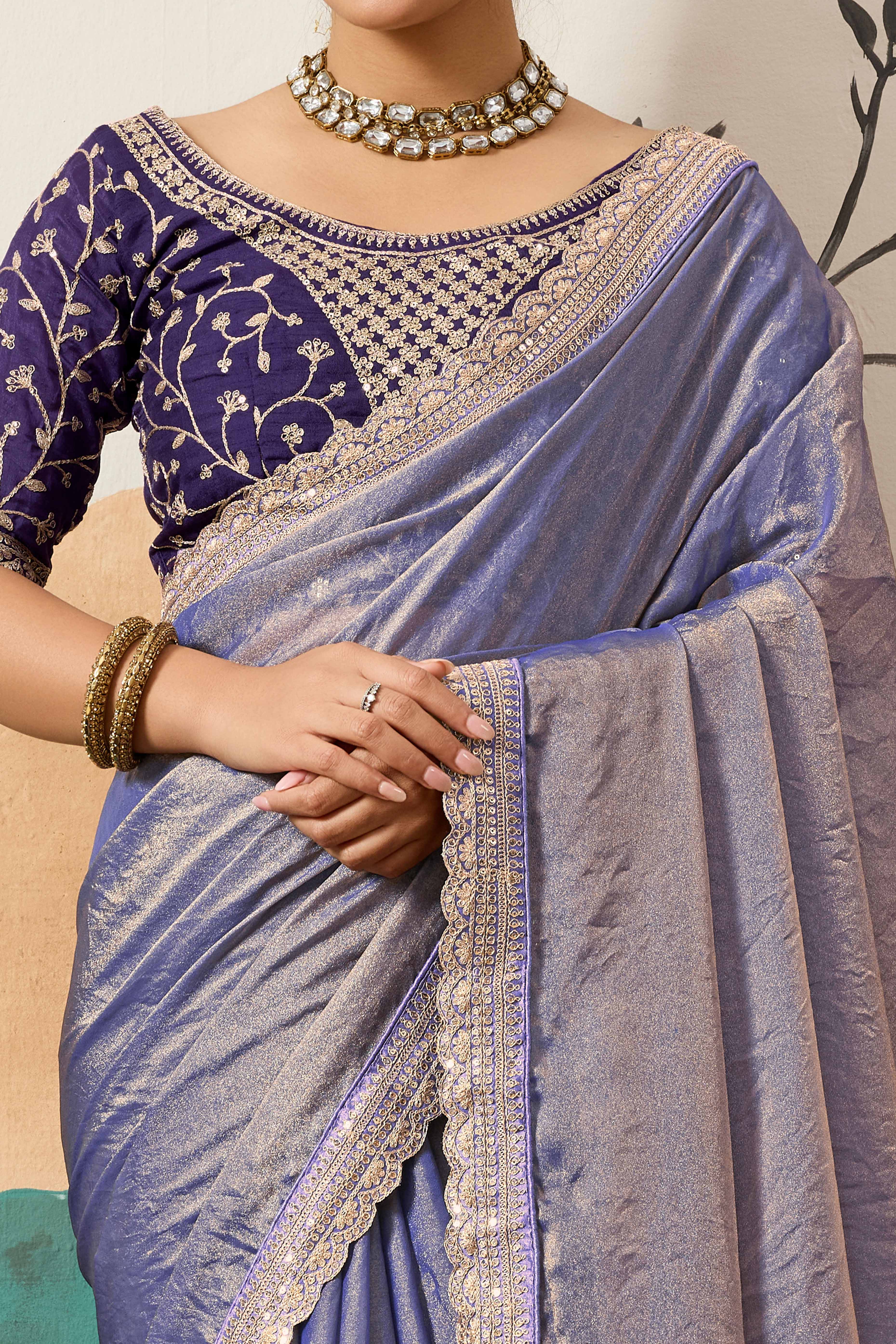 Sophisticated Lavender Solid Moss Orgnaza Saree With Intricate Cording Sequins Embroidery Border - Image 2