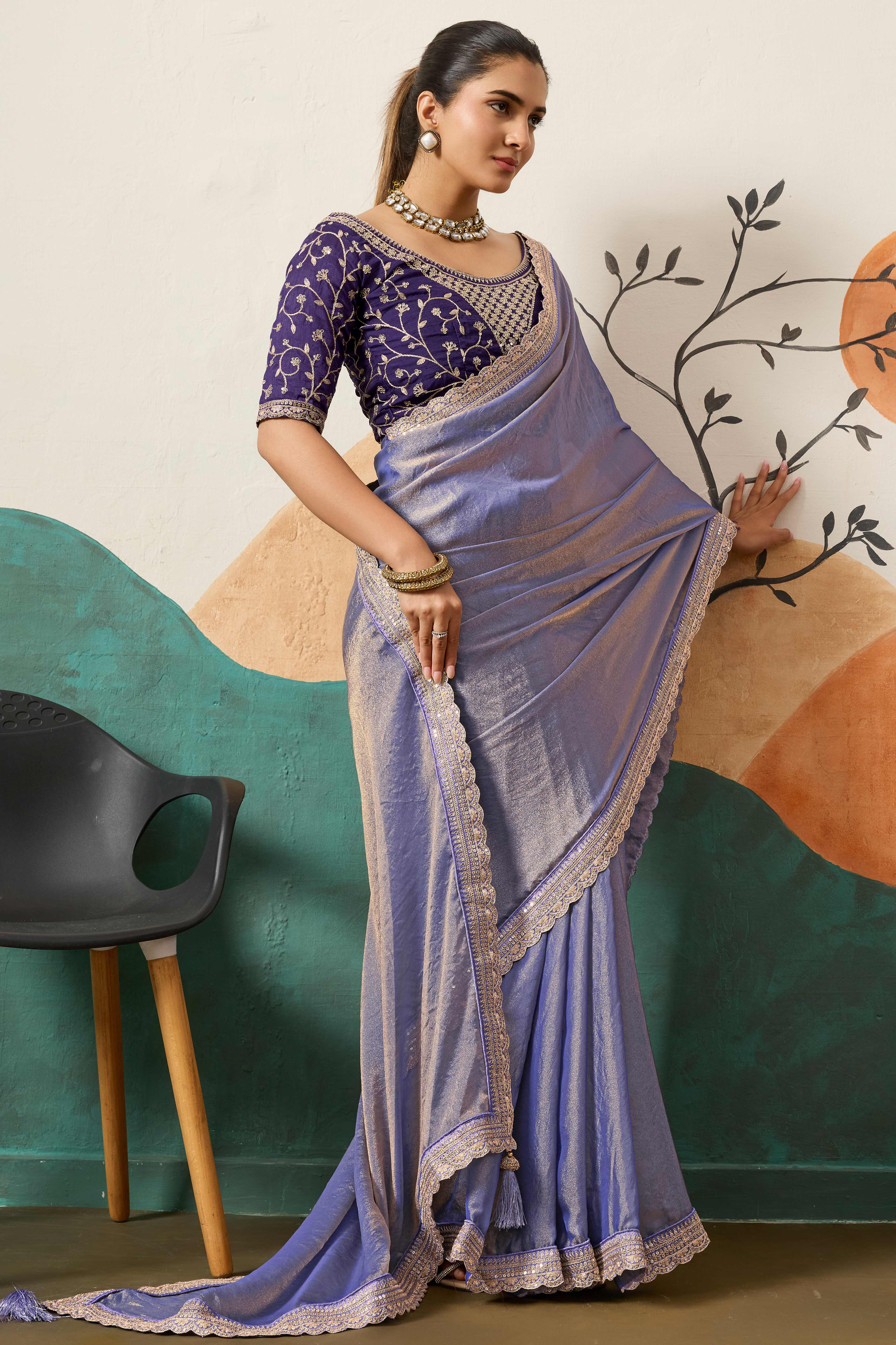 Sophisticated Lavender Solid Moss Orgnaza Saree With Intricate Cording Sequins Embroidery Border - Image 3