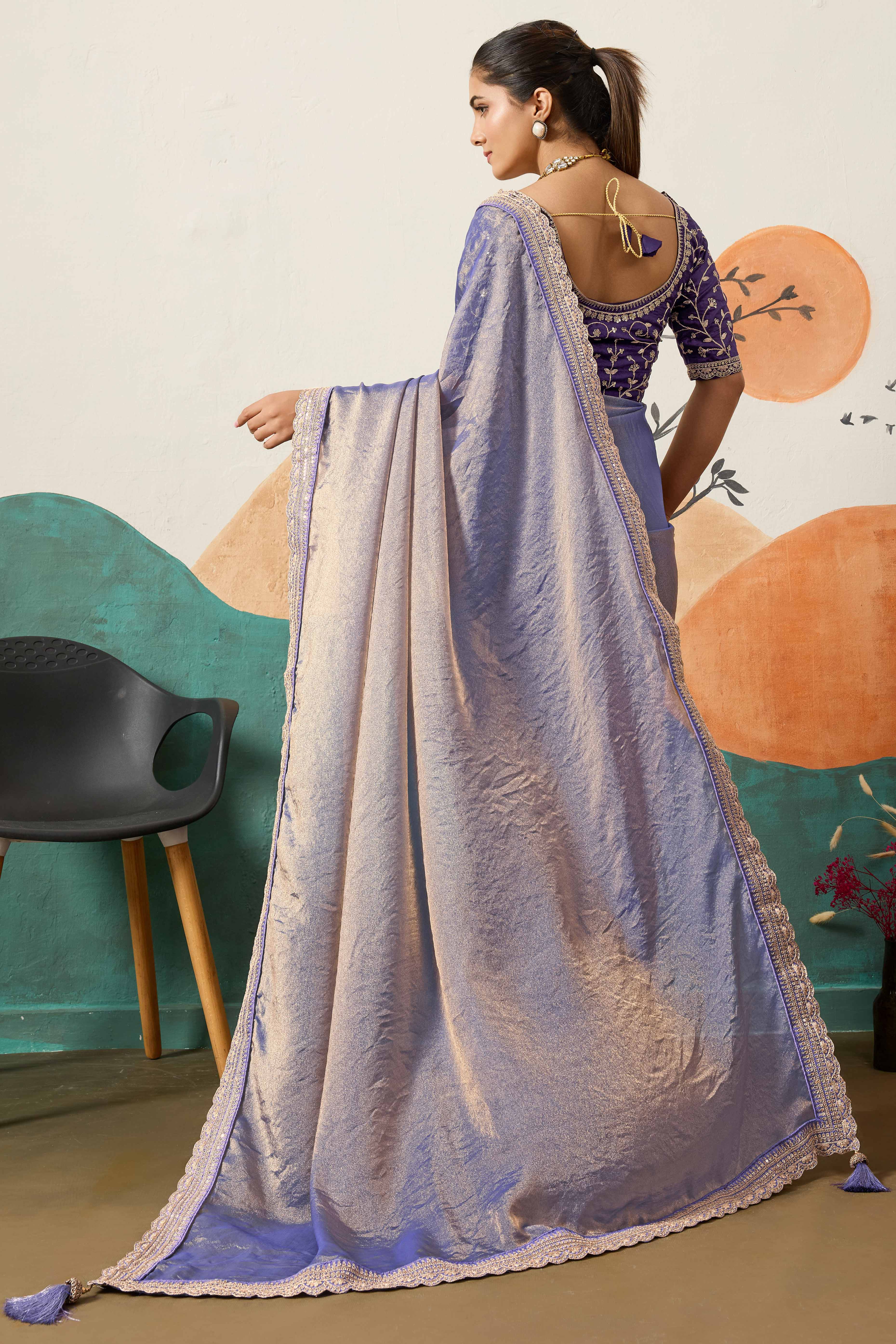 Sophisticated Lavender Solid Moss Orgnaza Saree With Intricate Cording Sequins Embroidery Border - Image 4