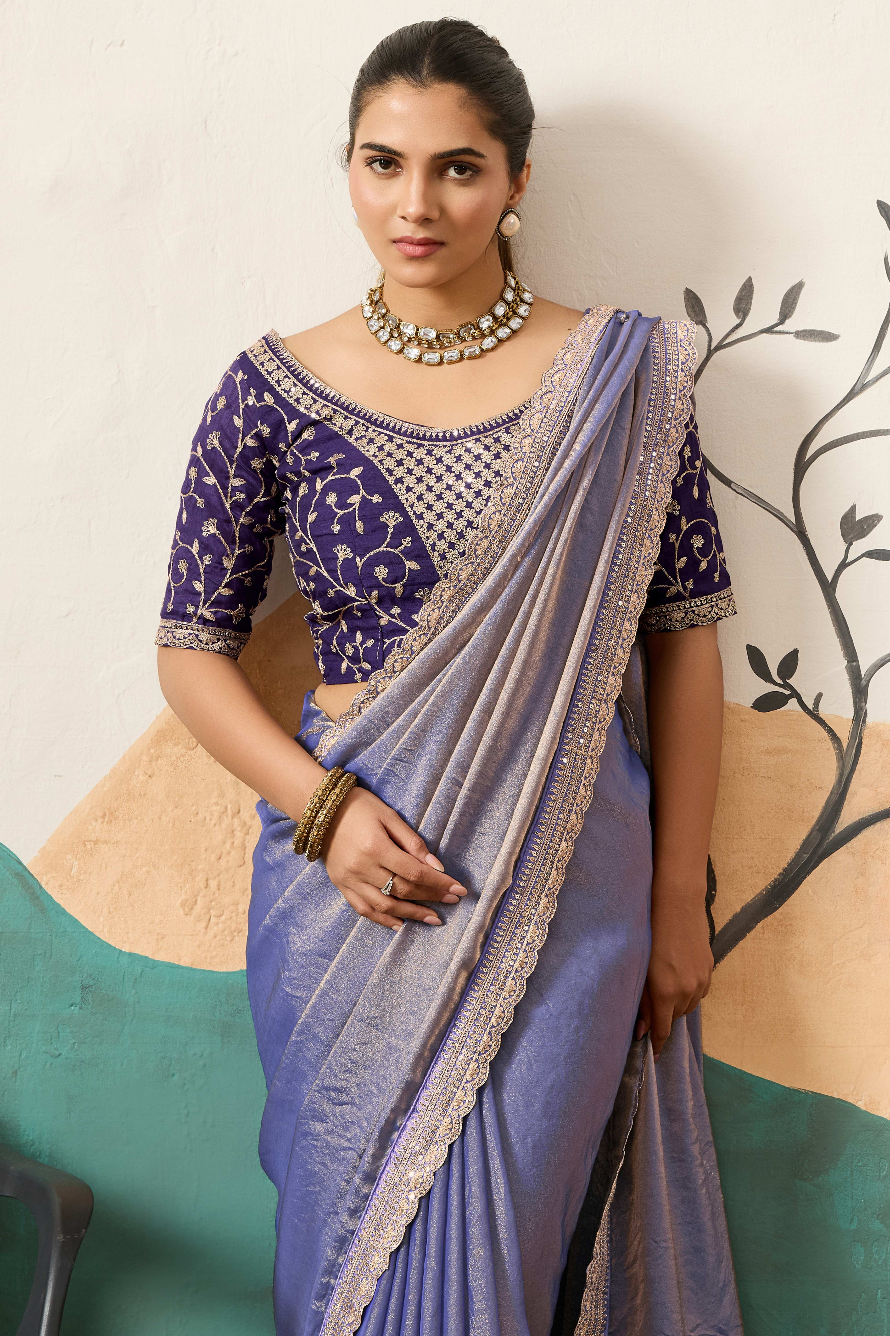 Sophisticated Lavender Solid Moss Orgnaza Saree With Intricate Cording Sequins Embroidery Border - Image 5