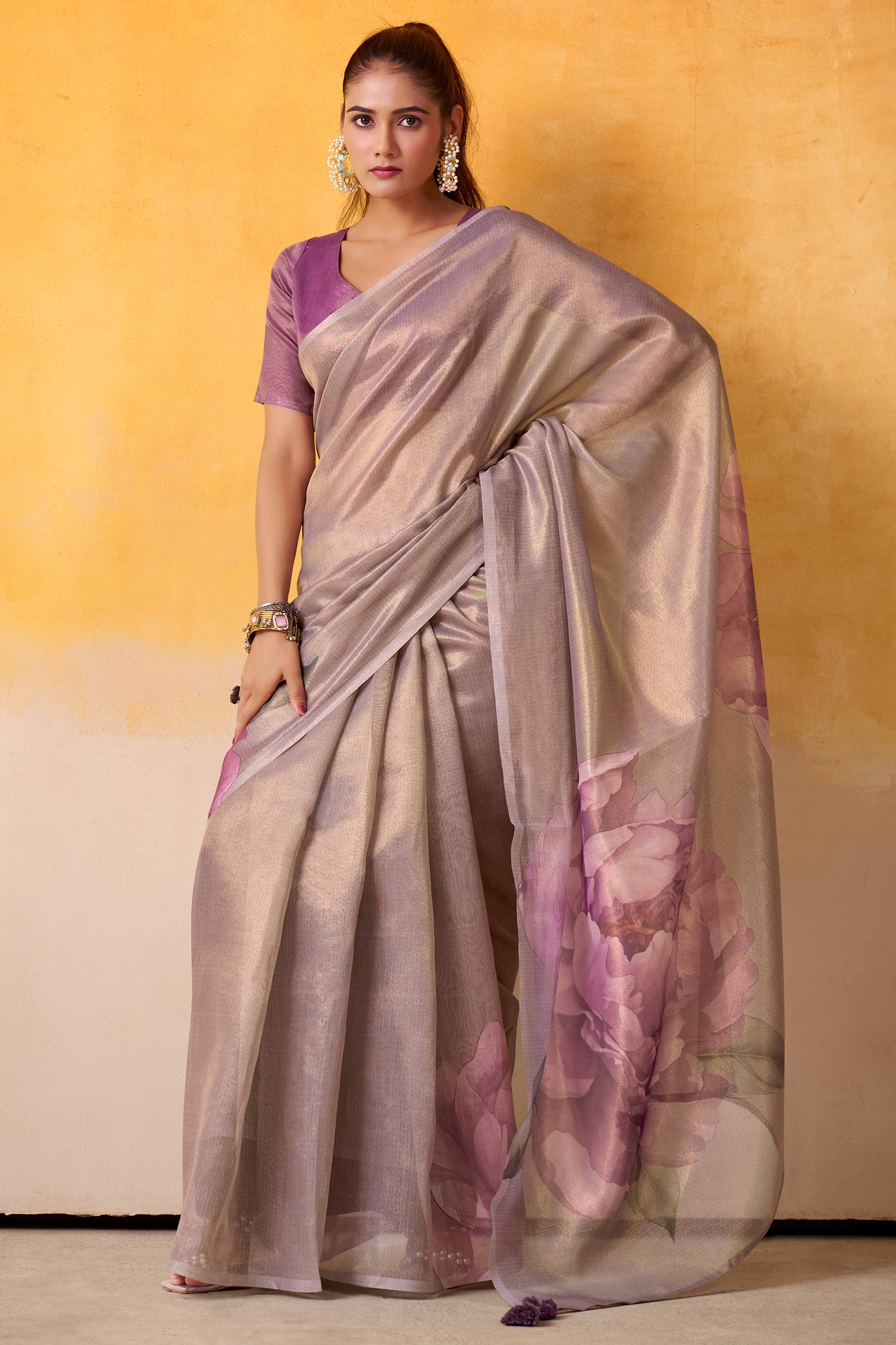 Sophisticated Light Lavender Floral Digital Print Tissue Saree Enhanced With Handmade Tassels - Image 5