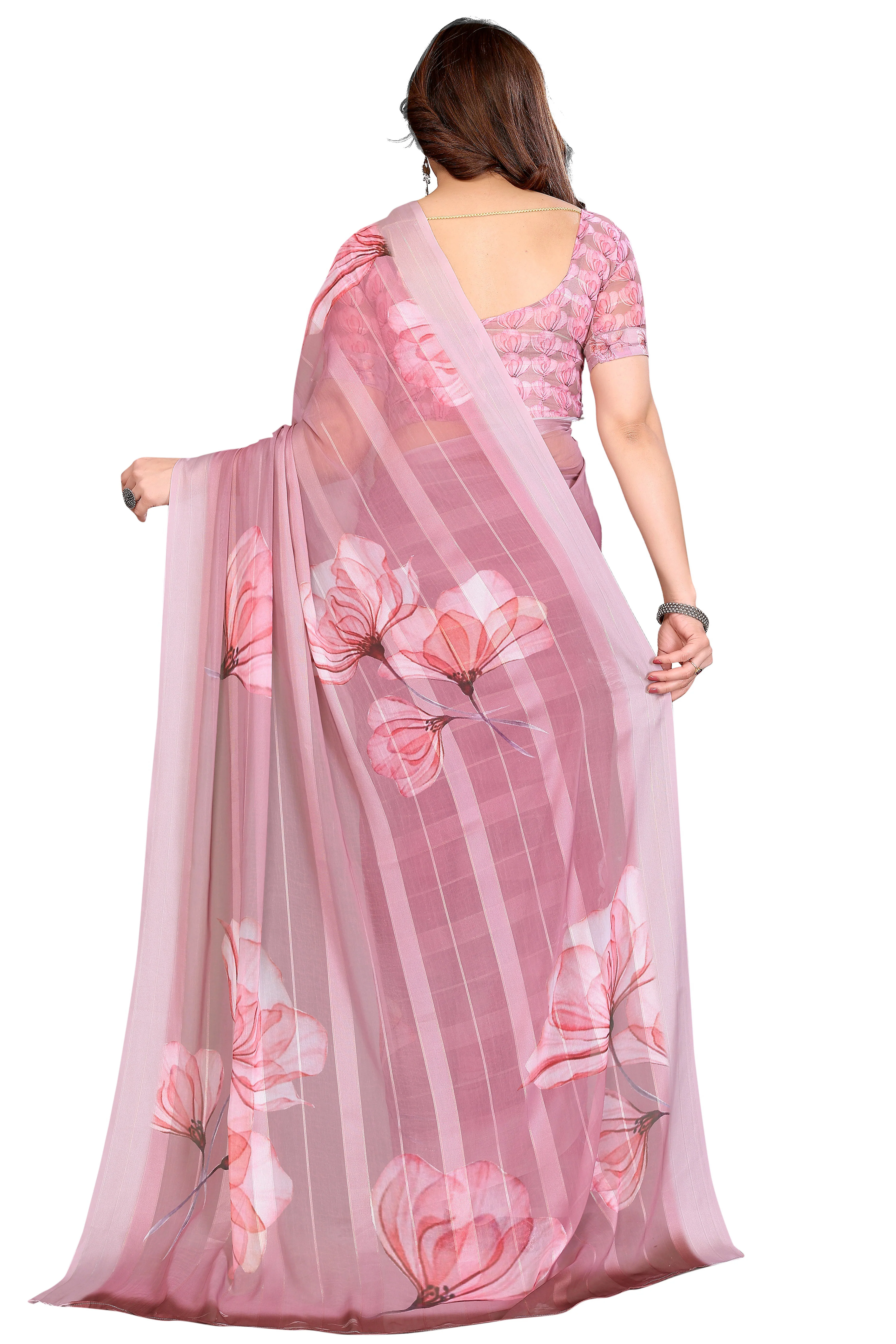 Sophisticated Light Mauve Floral Digital Print Georgettte Saree With Zari Touch & Striped Design - Image 5