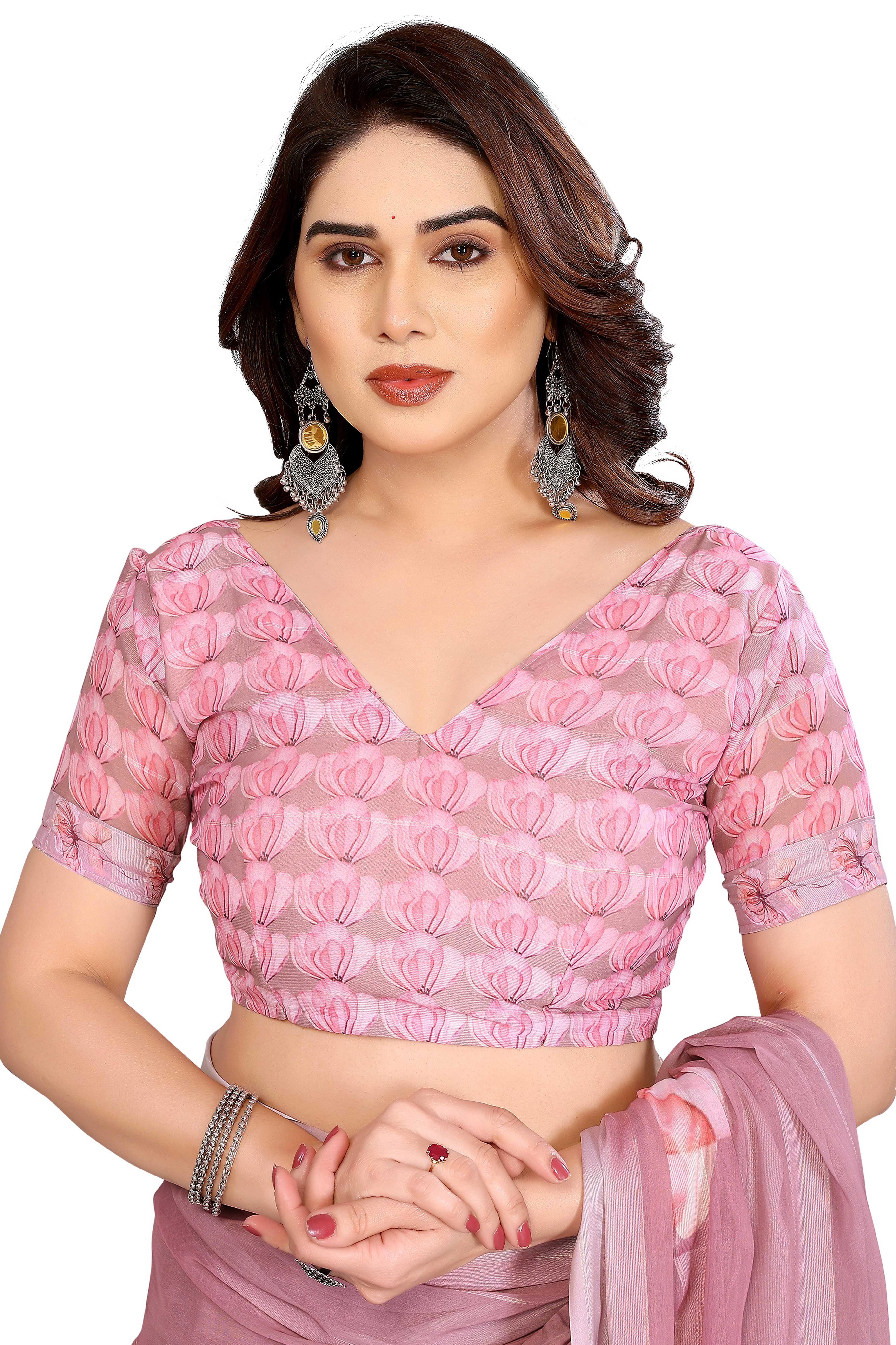 Sophisticated Light Mauve Floral Digital Print Georgettte Saree With Zari Touch & Striped Design - Image 6