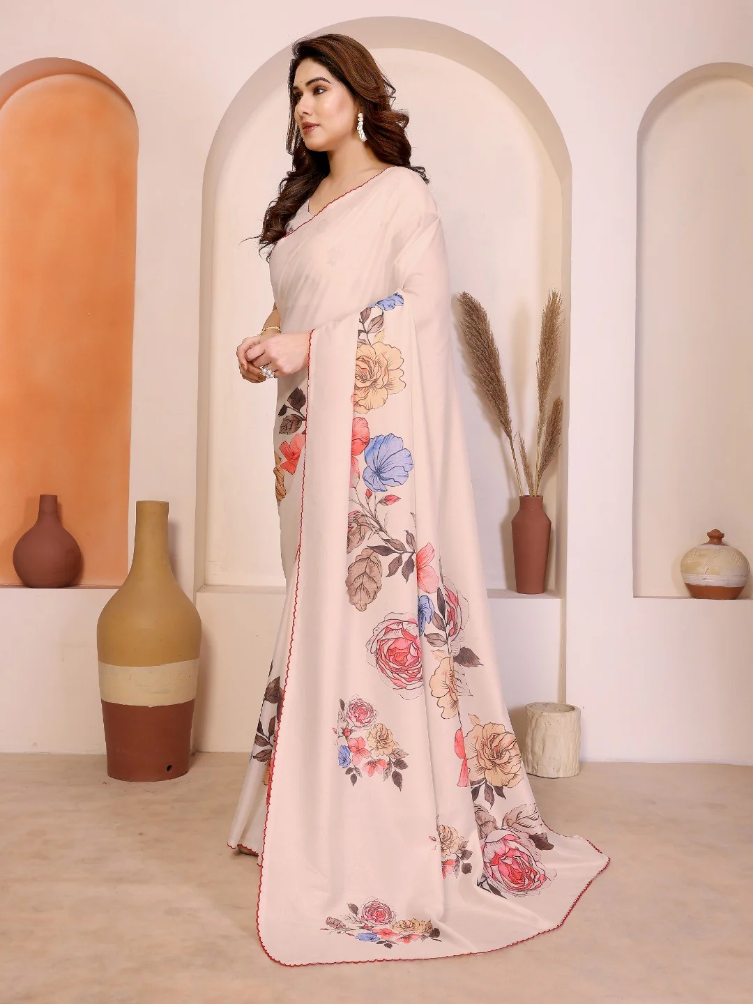 Sophisticated Light Peach Manipuri Cotton Silk Saree Enhanced With Vibrant Floral Digital Prints - Image 3