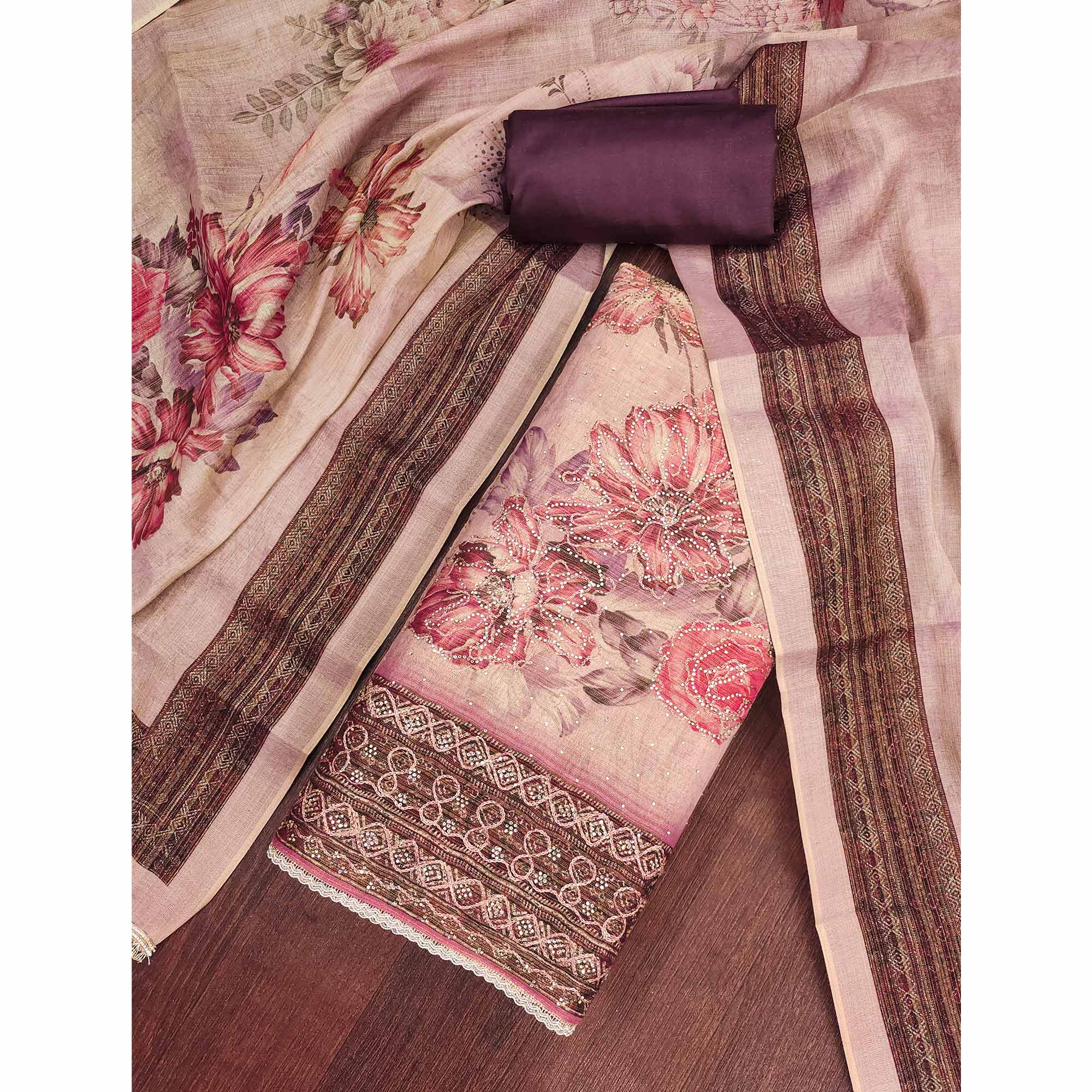 Sophisticated light purple Floral Digital Print With Swarovski Work Shimmer Dress Material - Image 3