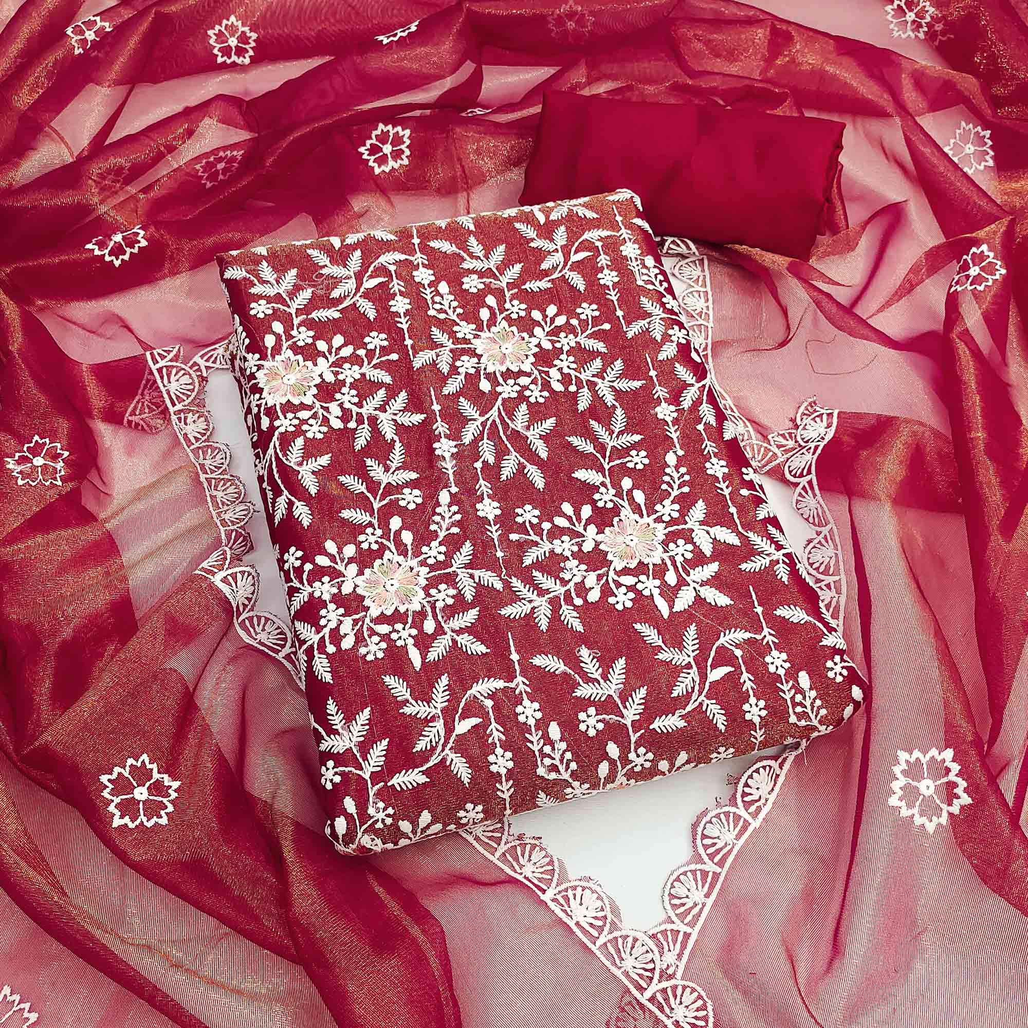 Sophisticated Maroon Organza Dress Material Adorned with Intricate Floral Embroidery - Image 3