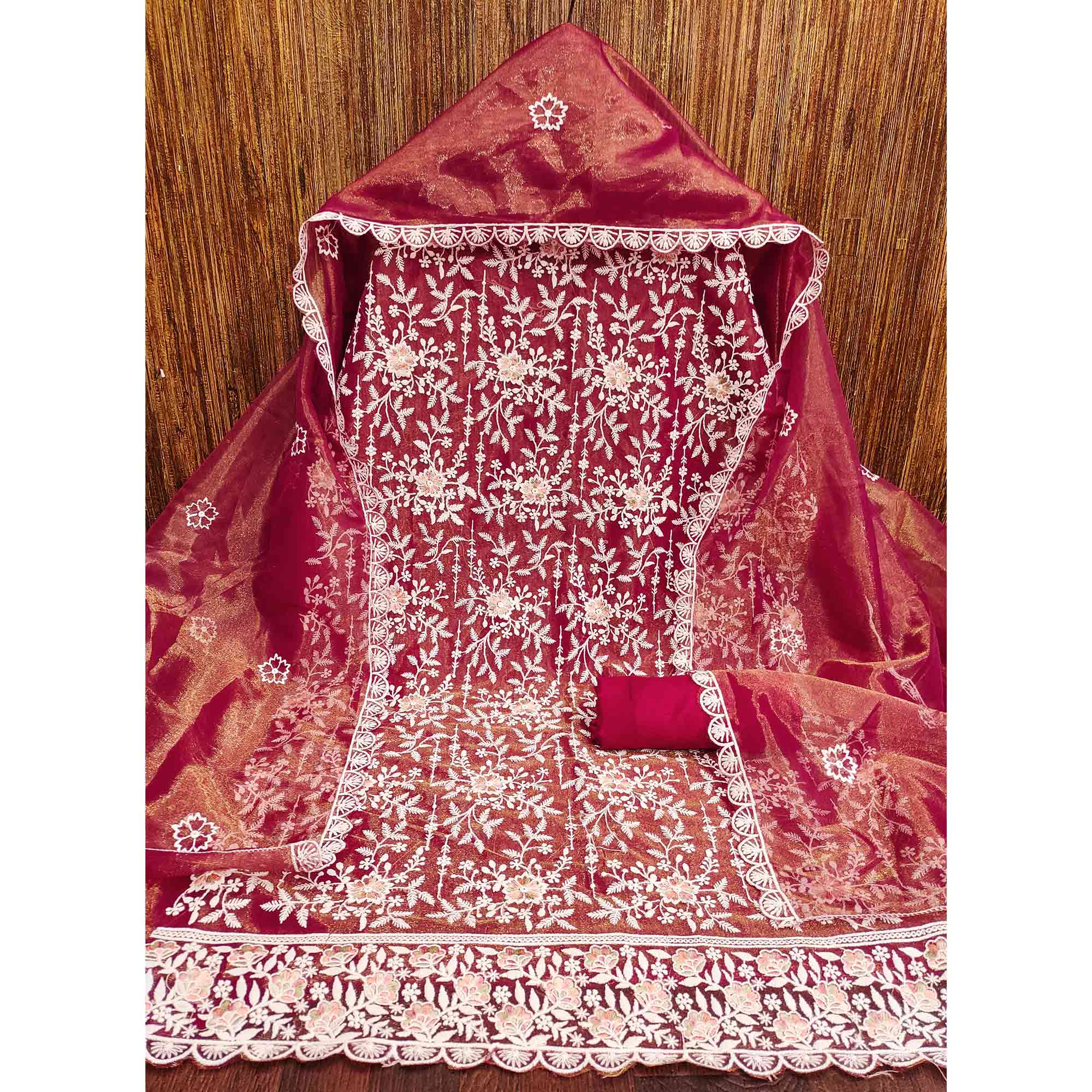 Sophisticated Maroon Organza Dress Material Adorned with Intricate Floral Embroidery - Image 4