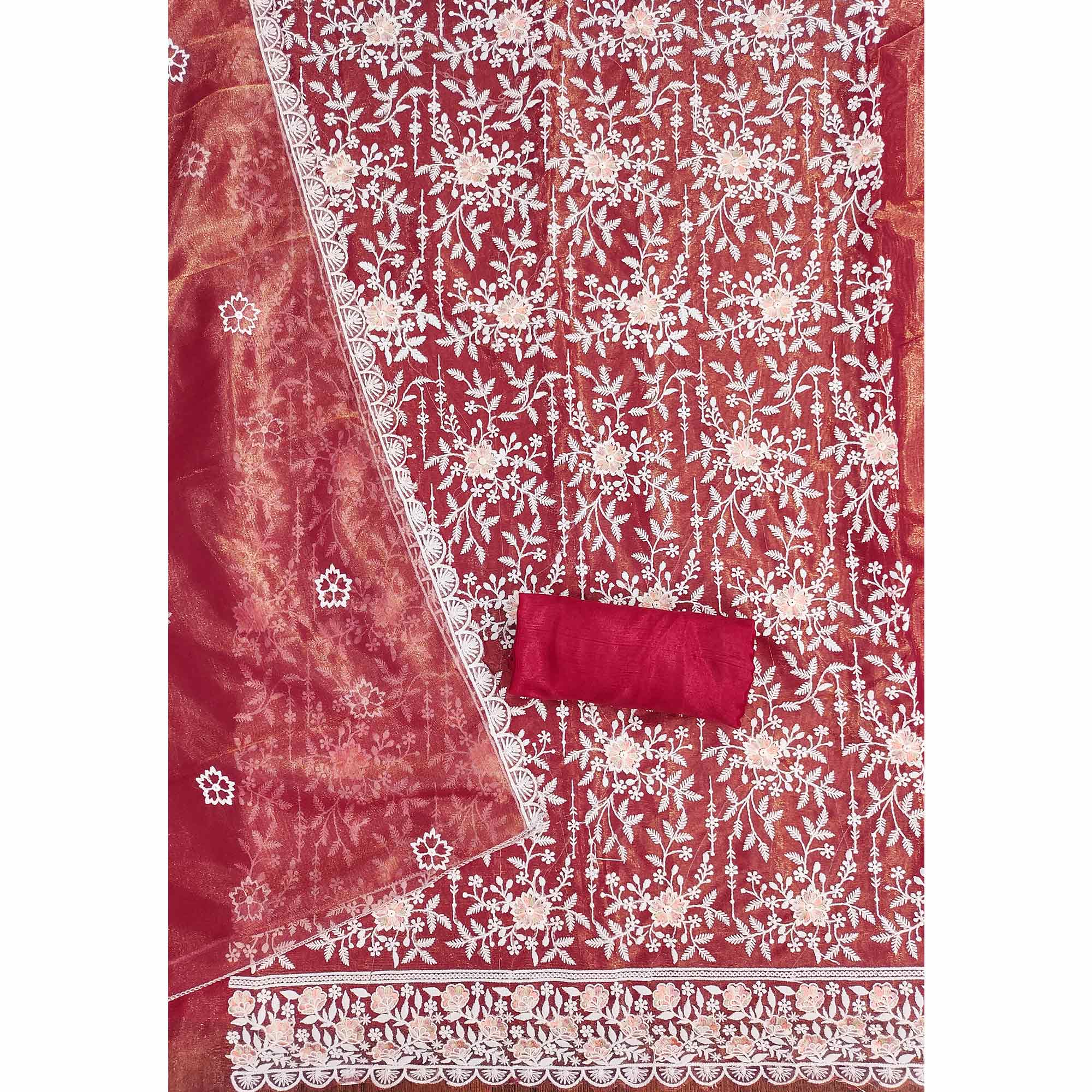 Sophisticated Maroon Organza Dress Material Adorned with Intricate Floral Embroidery - Image 5