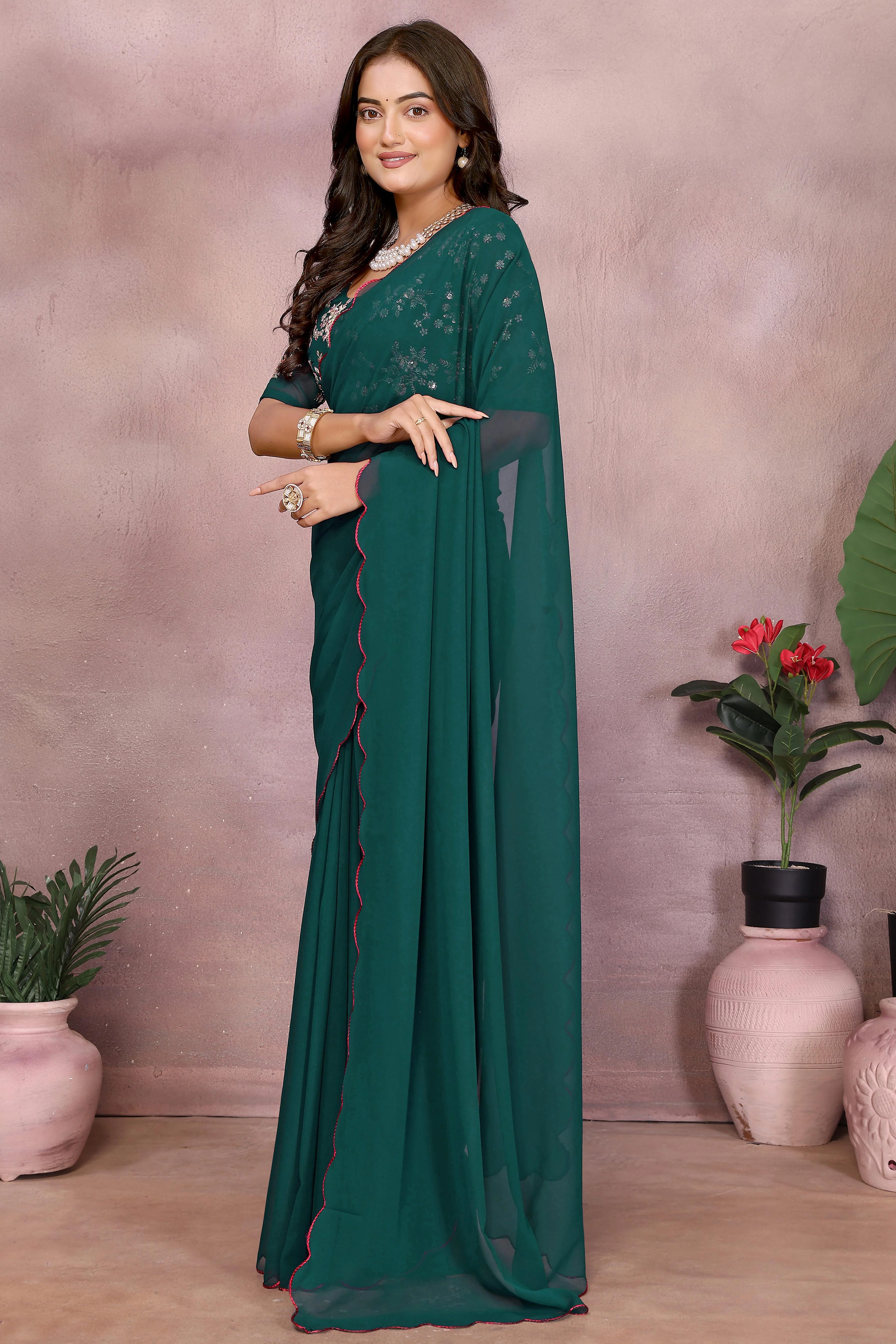 Sophisticated Morpich Green Party Wear Saree in Flowing Georgette Fabric With Embellished Blouse - Image 2