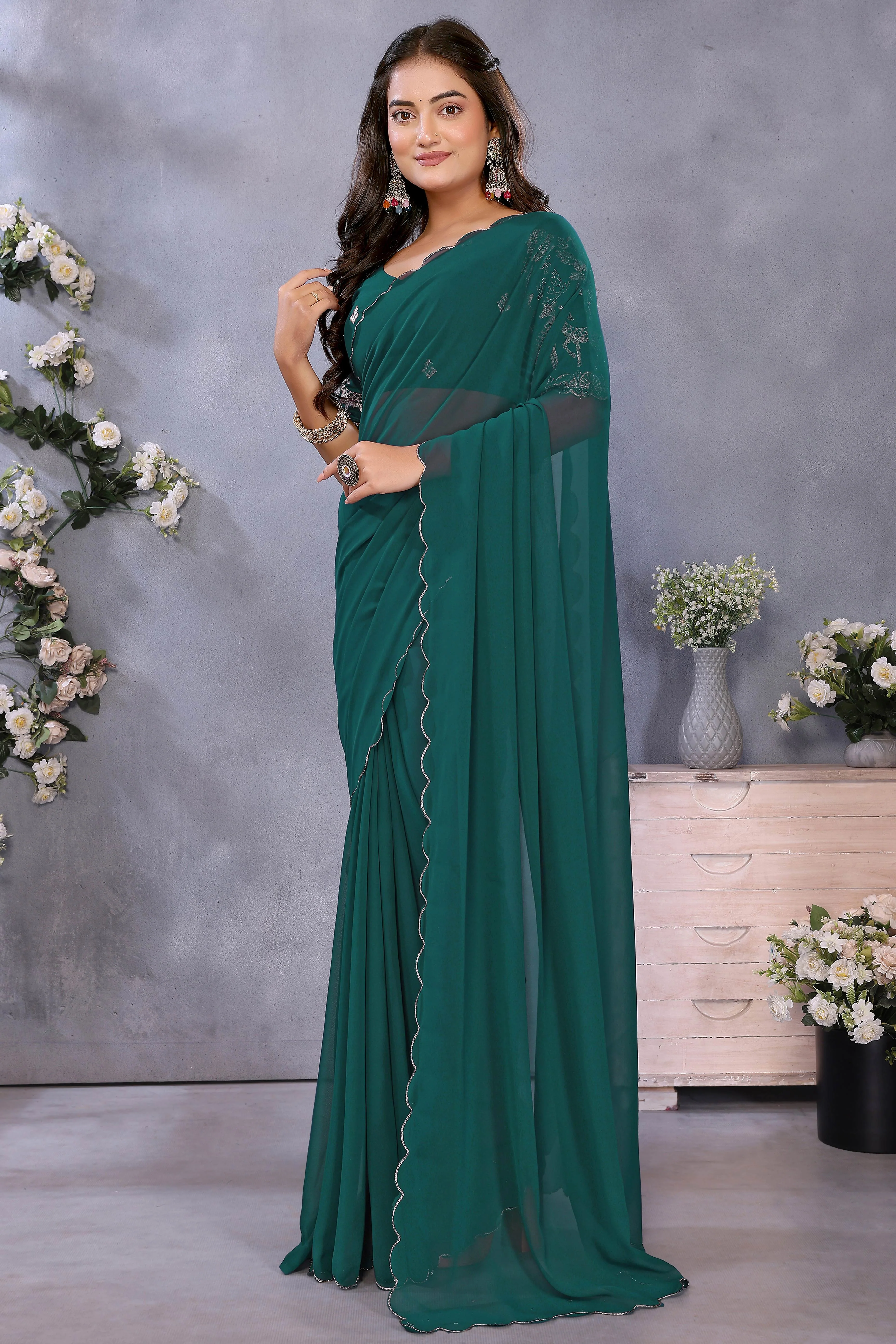 Sophisticated Morpich Green Party Wear Saree in Flowing Georgette Fabric With Embellished Blouse - Image 3