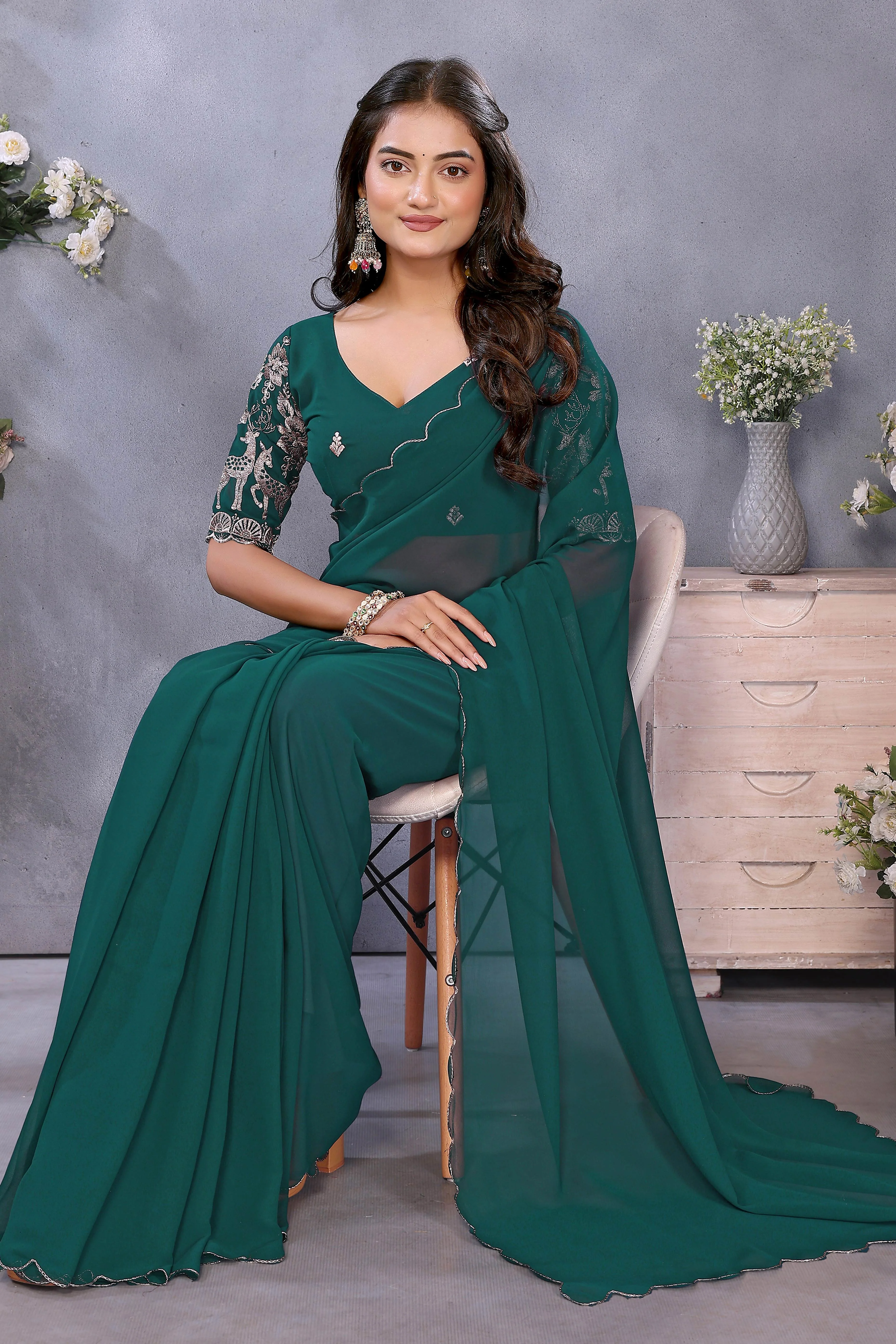 Sophisticated Morpich Green Party Wear Saree in Flowing Georgette Fabric With Embellished Blouse - Image 5