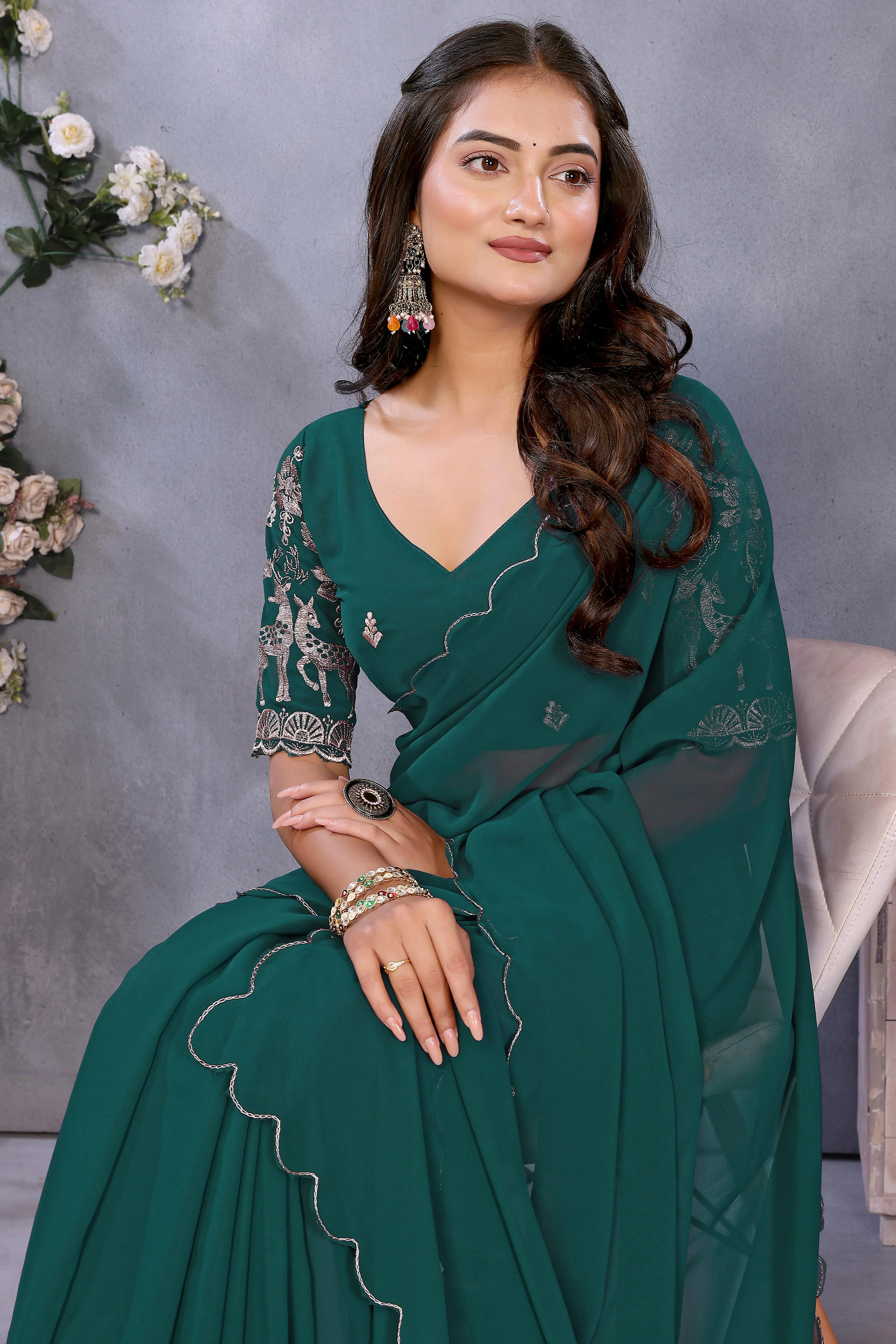 Sophisticated Morpich Green Party Wear Saree in Flowing Georgette Fabric With Embellished Blouse - Image 7