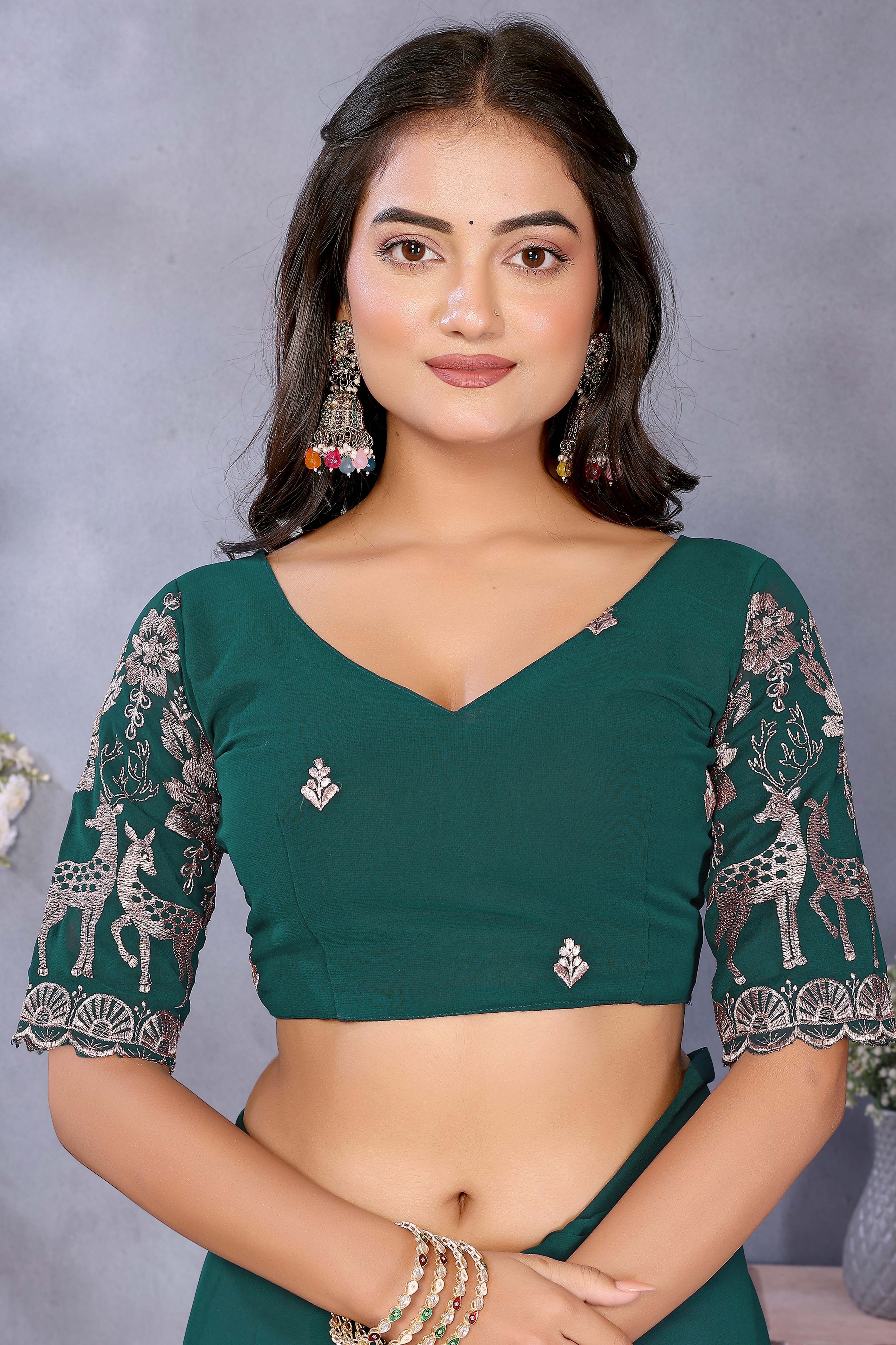 Sophisticated Morpich Green Party Wear Saree in Flowing Georgette Fabric With Embellished Blouse - Image 8