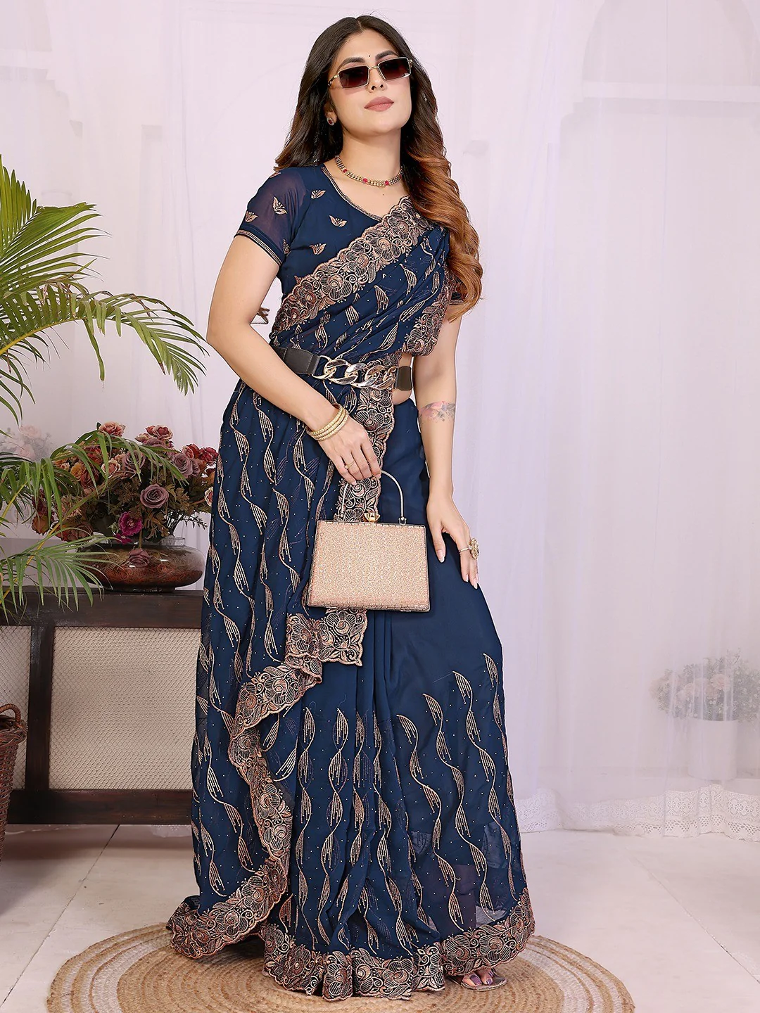 Sophisticated Navy Blue Floral Zari Work Star Georgette Saree With Swarovski Embellishment
