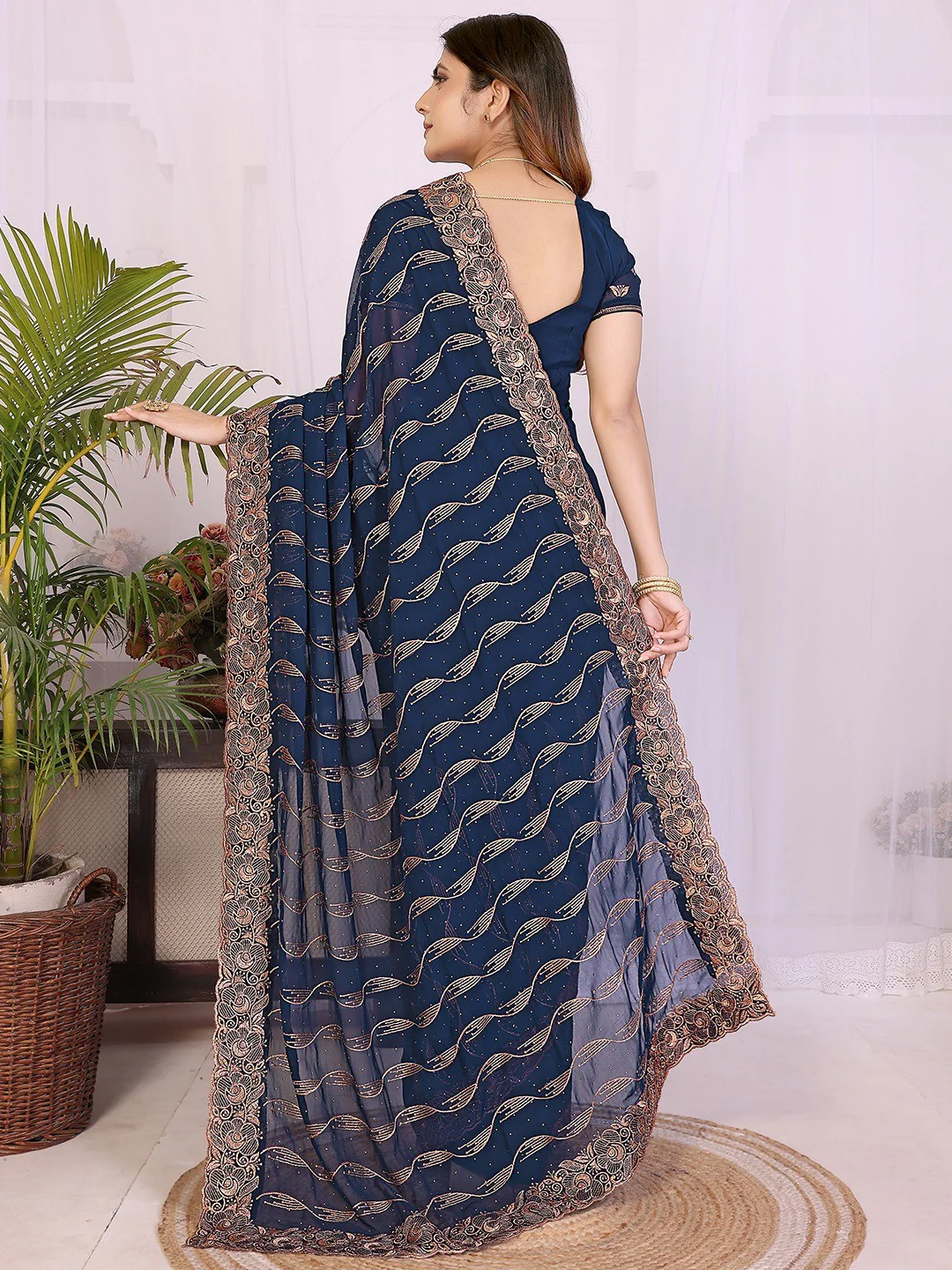 Sophisticated Navy Blue Floral Zari Work Star Georgette Saree With Swarovski Embellishment - Image 5