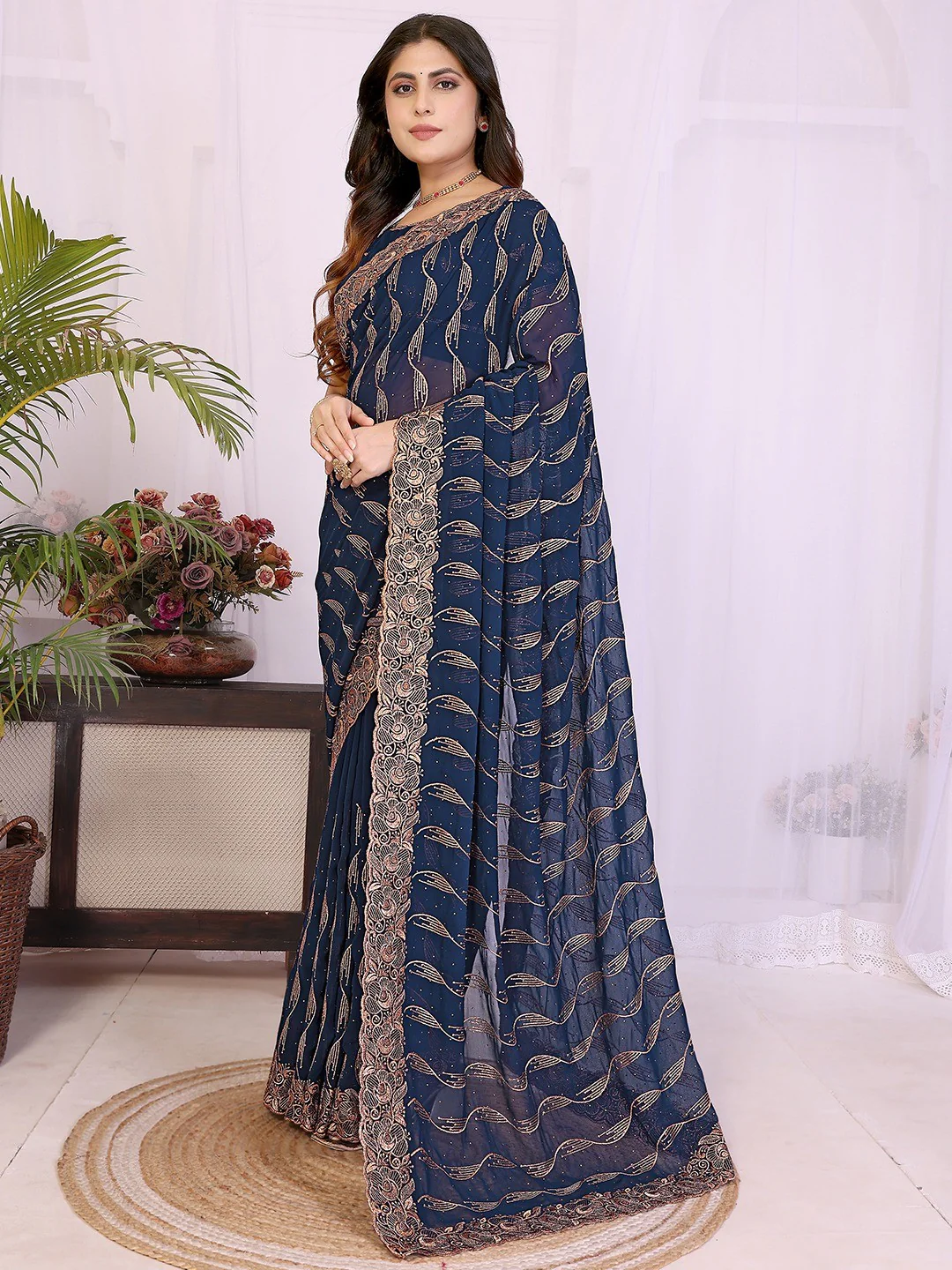 Sophisticated Navy Blue Floral Zari Work Star Georgette Saree With Swarovski Embellishment - Image 6