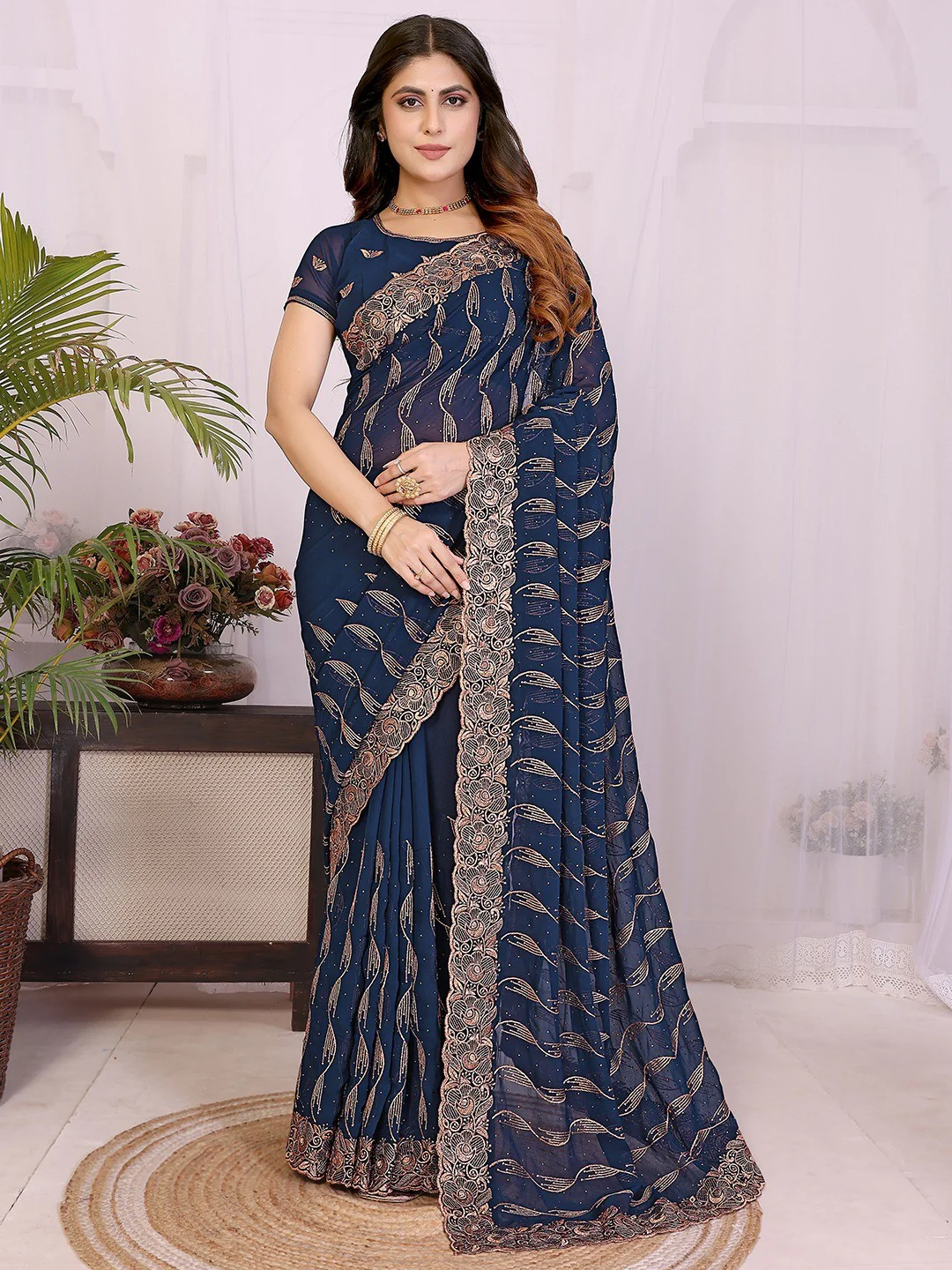 Sophisticated Navy Blue Floral Zari Work Star Georgette Saree With Swarovski Embellishment - Image 7