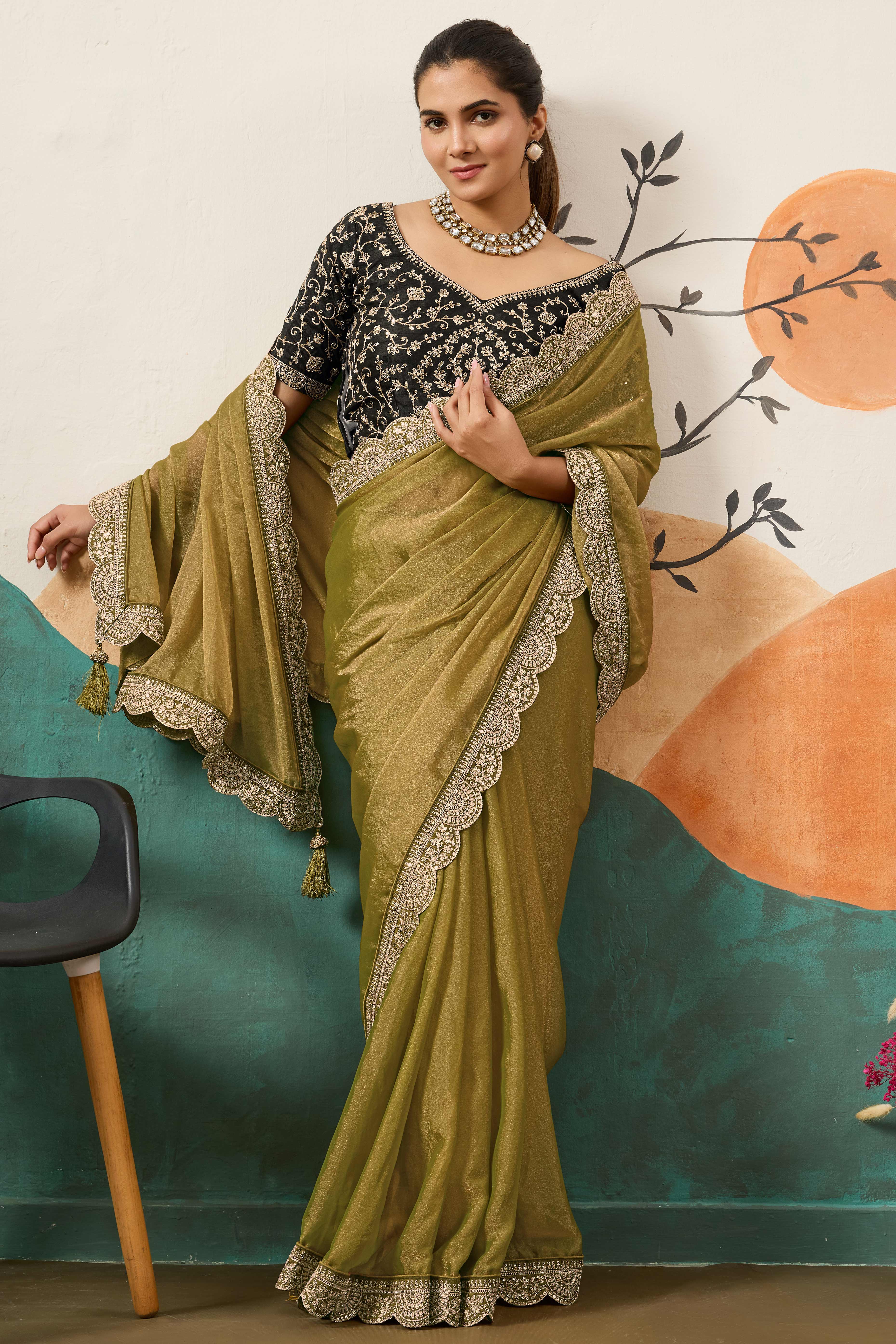 Sophisticated Olive Green Solid Moss Orgnaza Saree With Intricate Cording Sequins Embroidery Border - Image 3