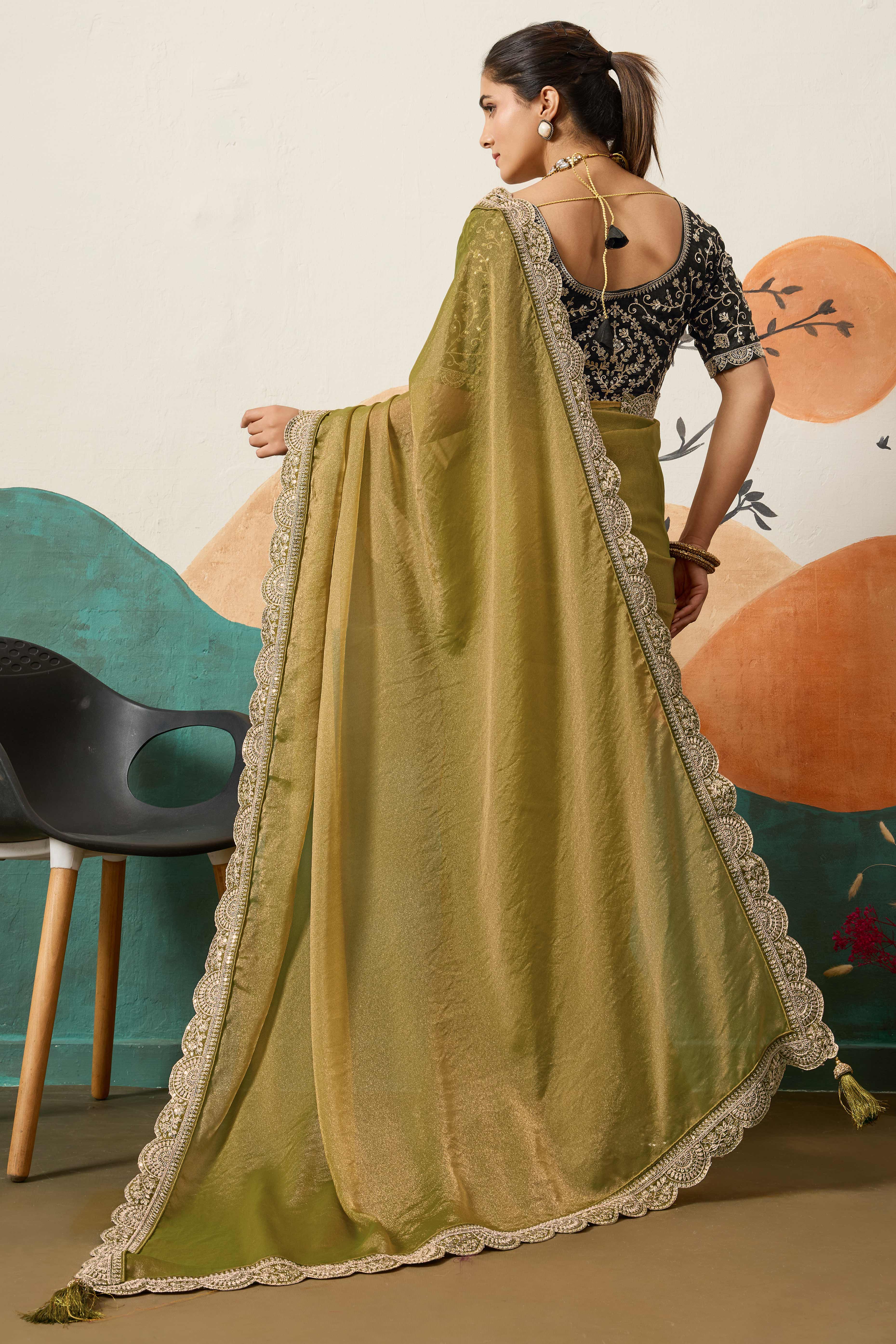 Sophisticated Olive Green Solid Moss Orgnaza Saree With Intricate Cording Sequins Embroidery Border - Image 4