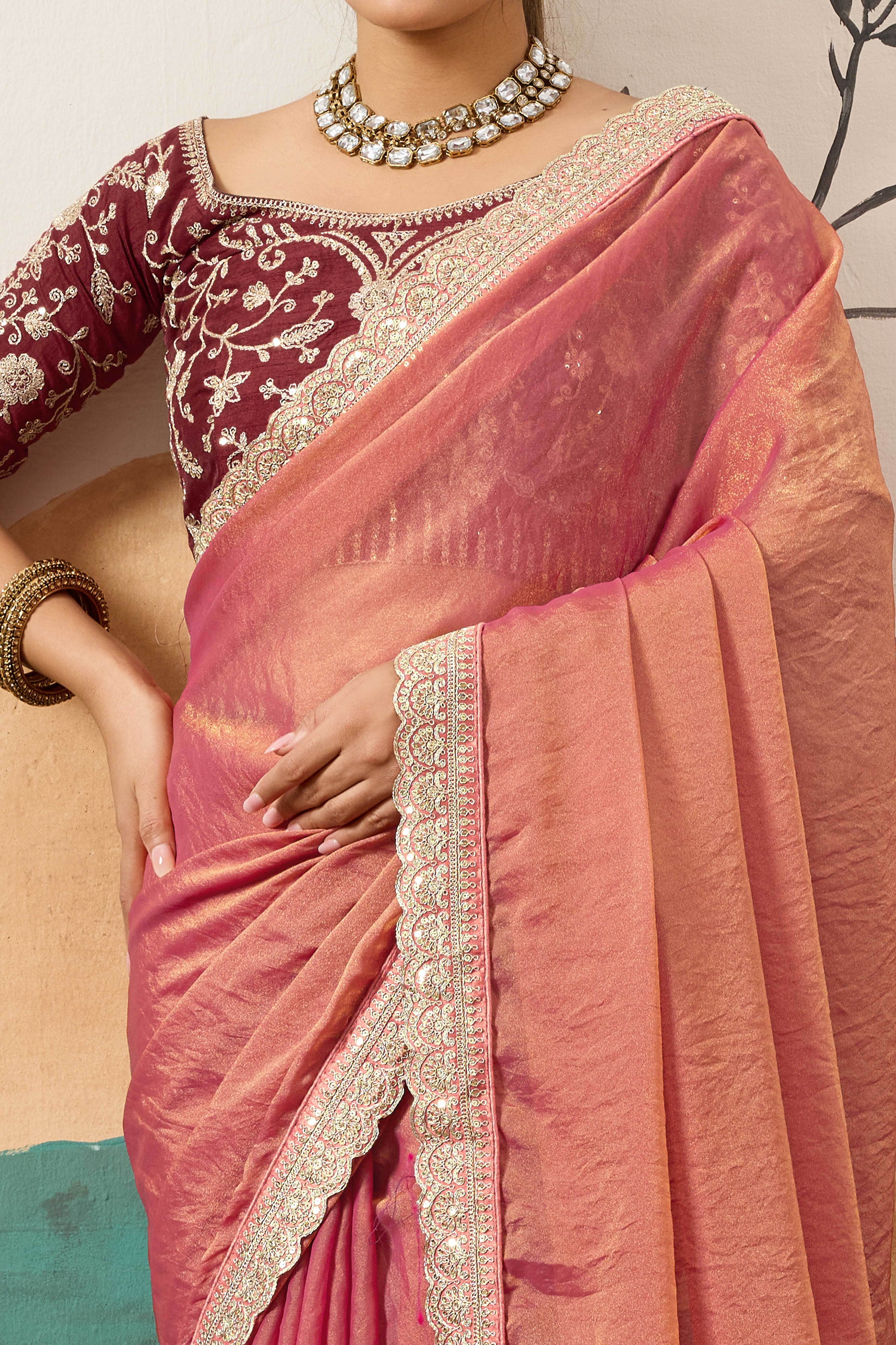 Sophisticated Gajari Pink Solid Moss Orgnaza Saree With Intricate Cording Sequins Embroidery Border - Image 2