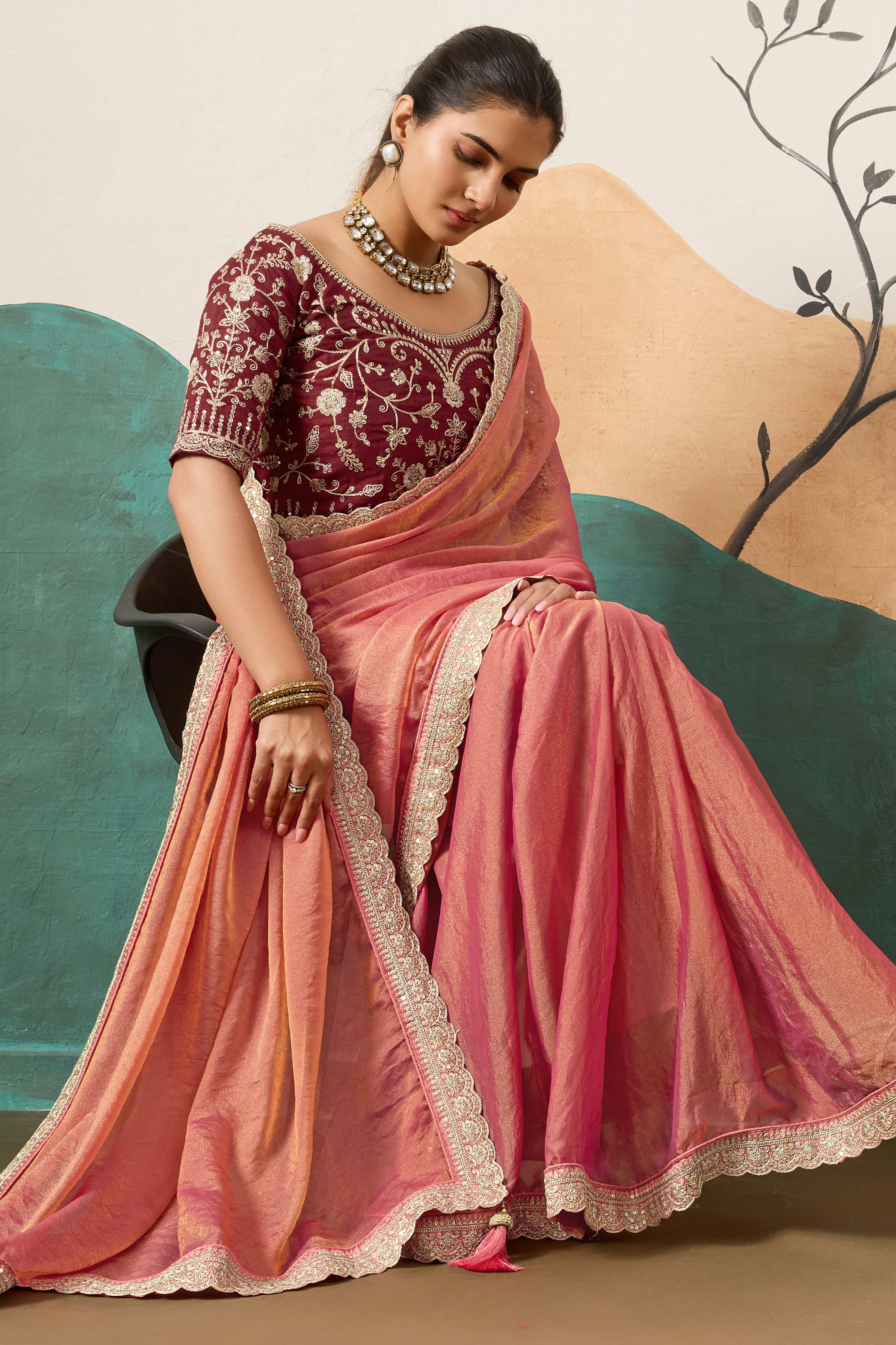 Sophisticated Gajari Pink Solid Moss Orgnaza Saree With Intricate Cording Sequins Embroidery Border - Image 3