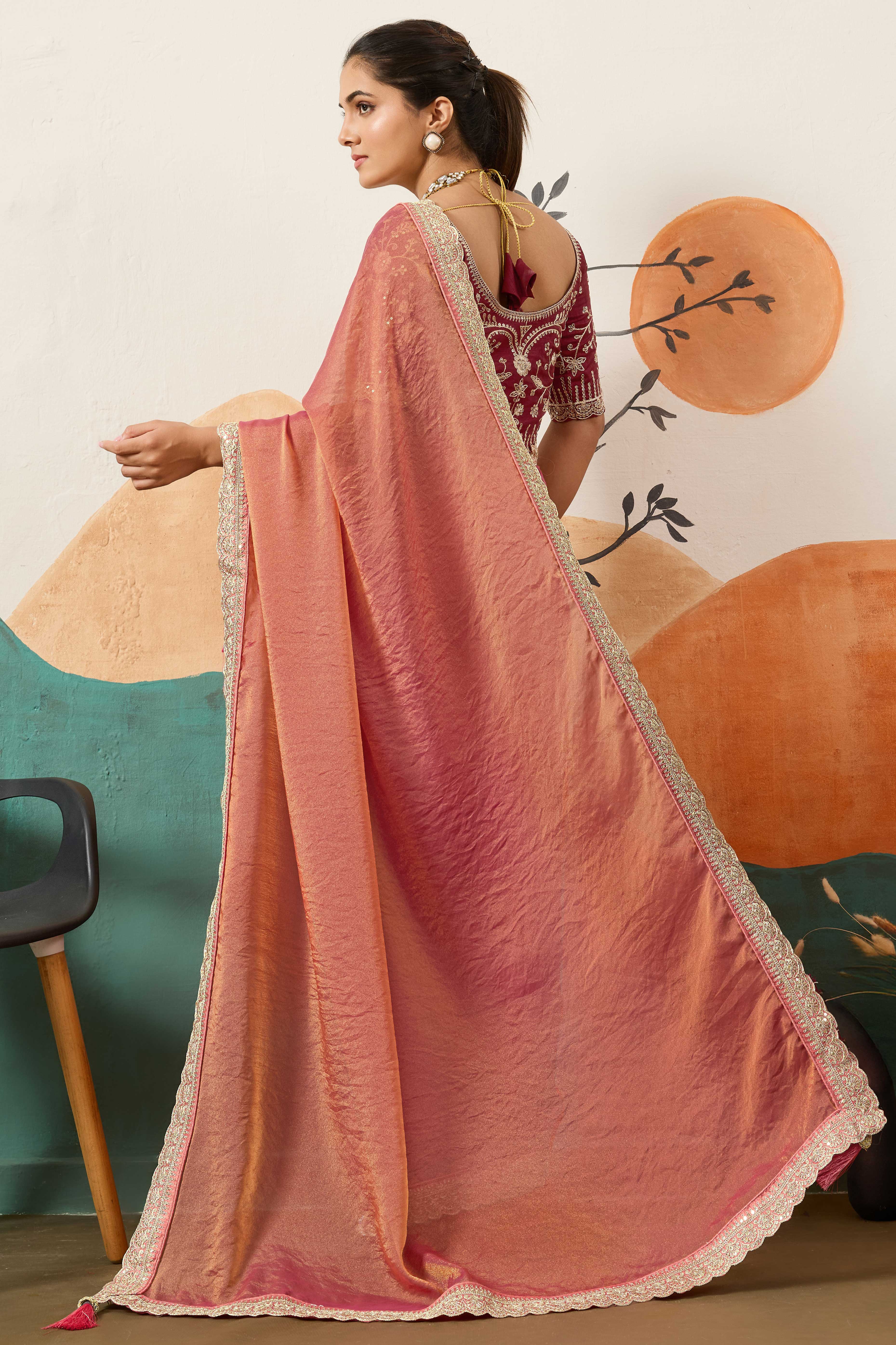 Sophisticated Gajari Pink Solid Moss Orgnaza Saree With Intricate Cording Sequins Embroidery Border - Image 4