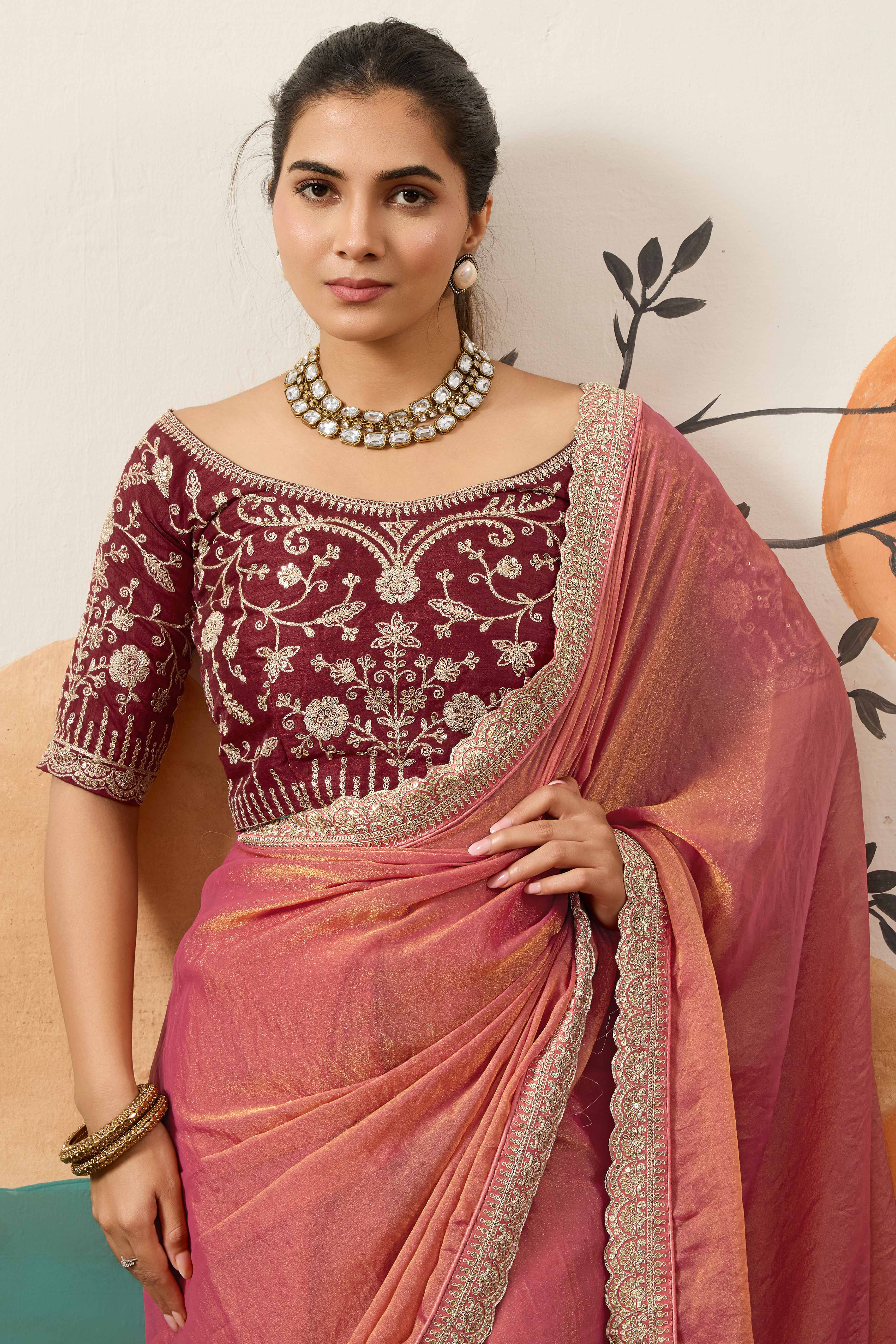 Sophisticated Gajari Pink Solid Moss Orgnaza Saree With Intricate Cording Sequins Embroidery Border - Image 5