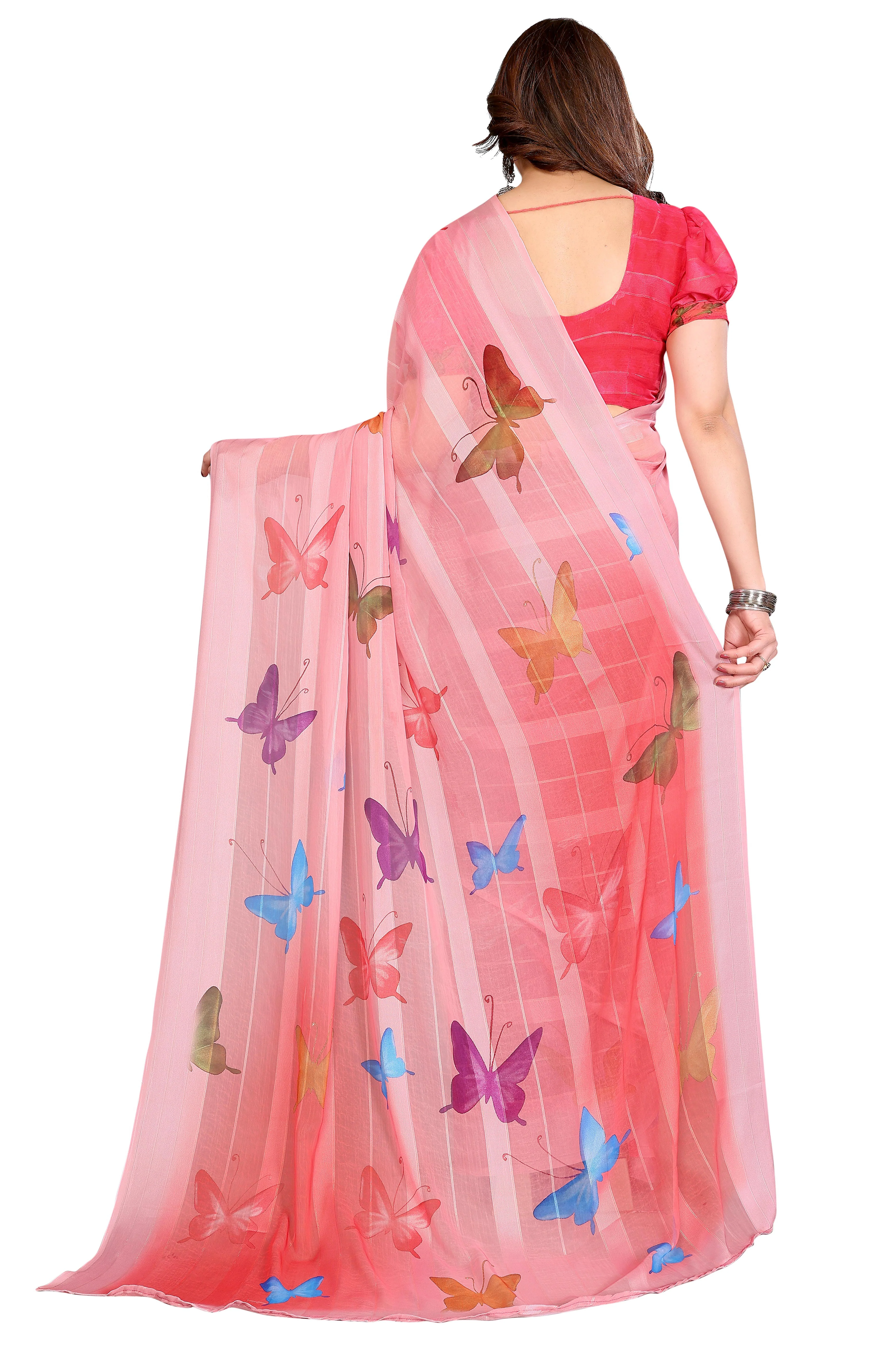 Sophisticated Pink Digital Print Georgettte Saree With Zari Touch & Striped Design - Image 5