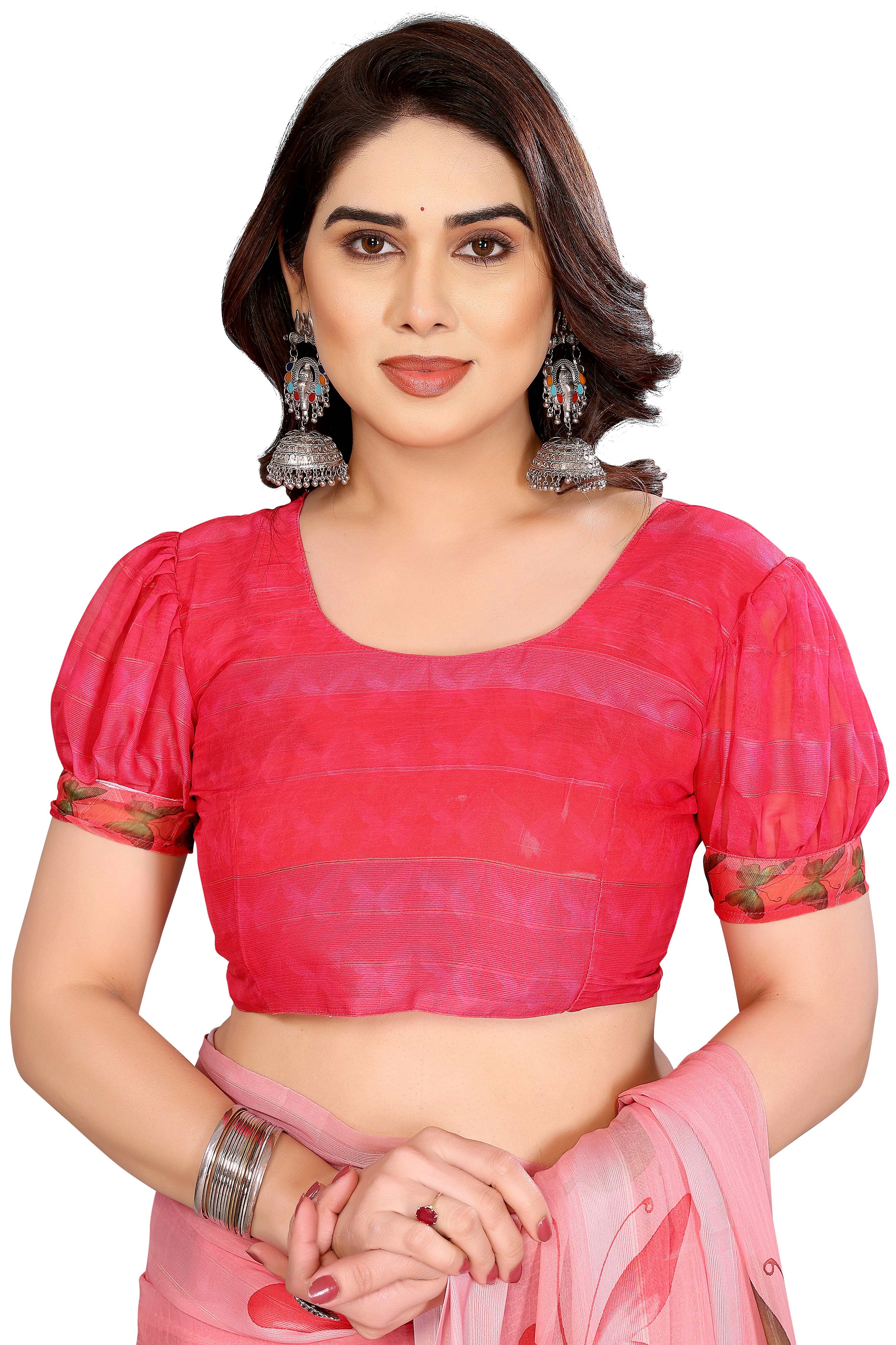Sophisticated Pink Digital Print Georgettte Saree With Zari Touch & Striped Design - Image 6