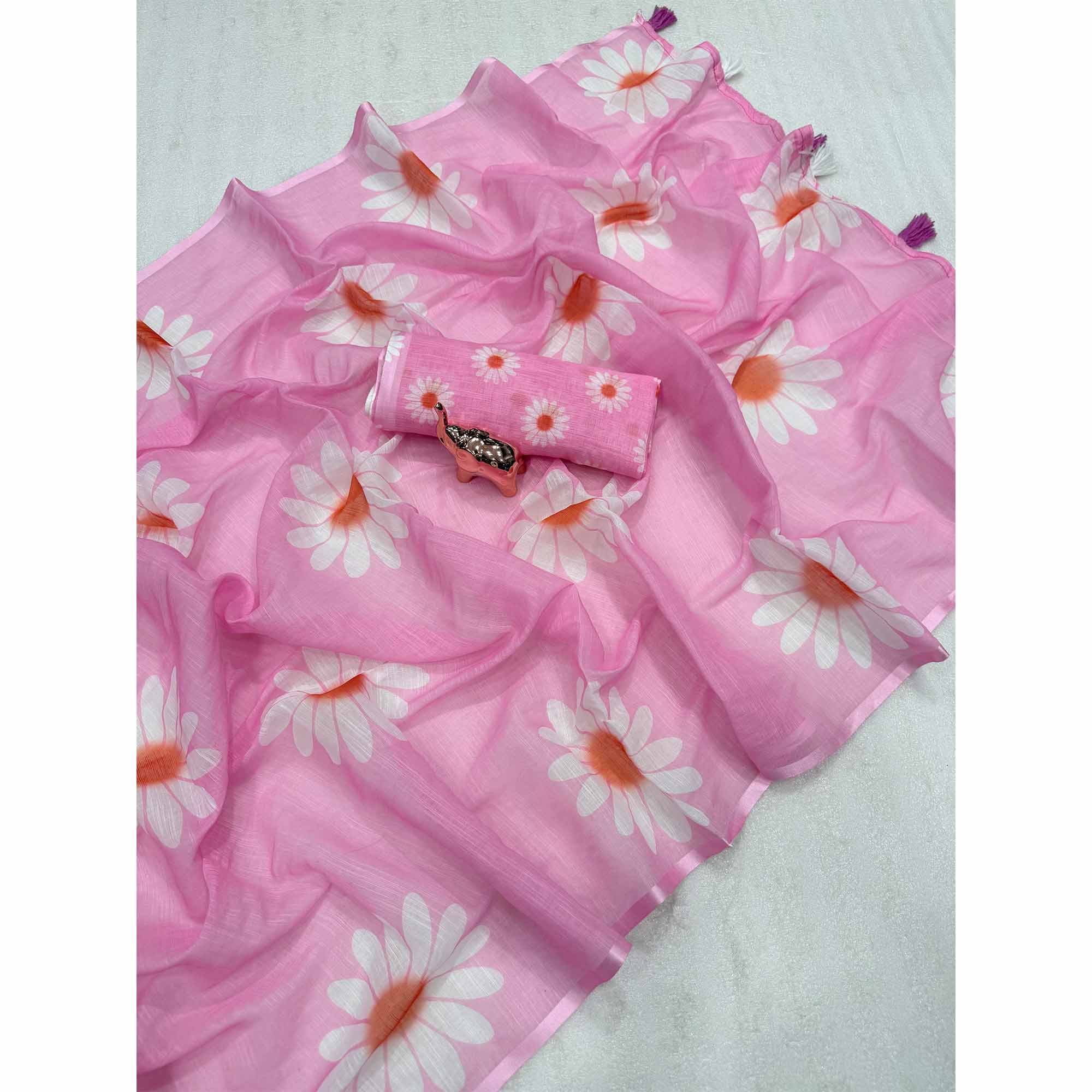 Sophisticated Pink Floral Digital Printed Linen Silk Saree With Tassel Pallu - Image 3