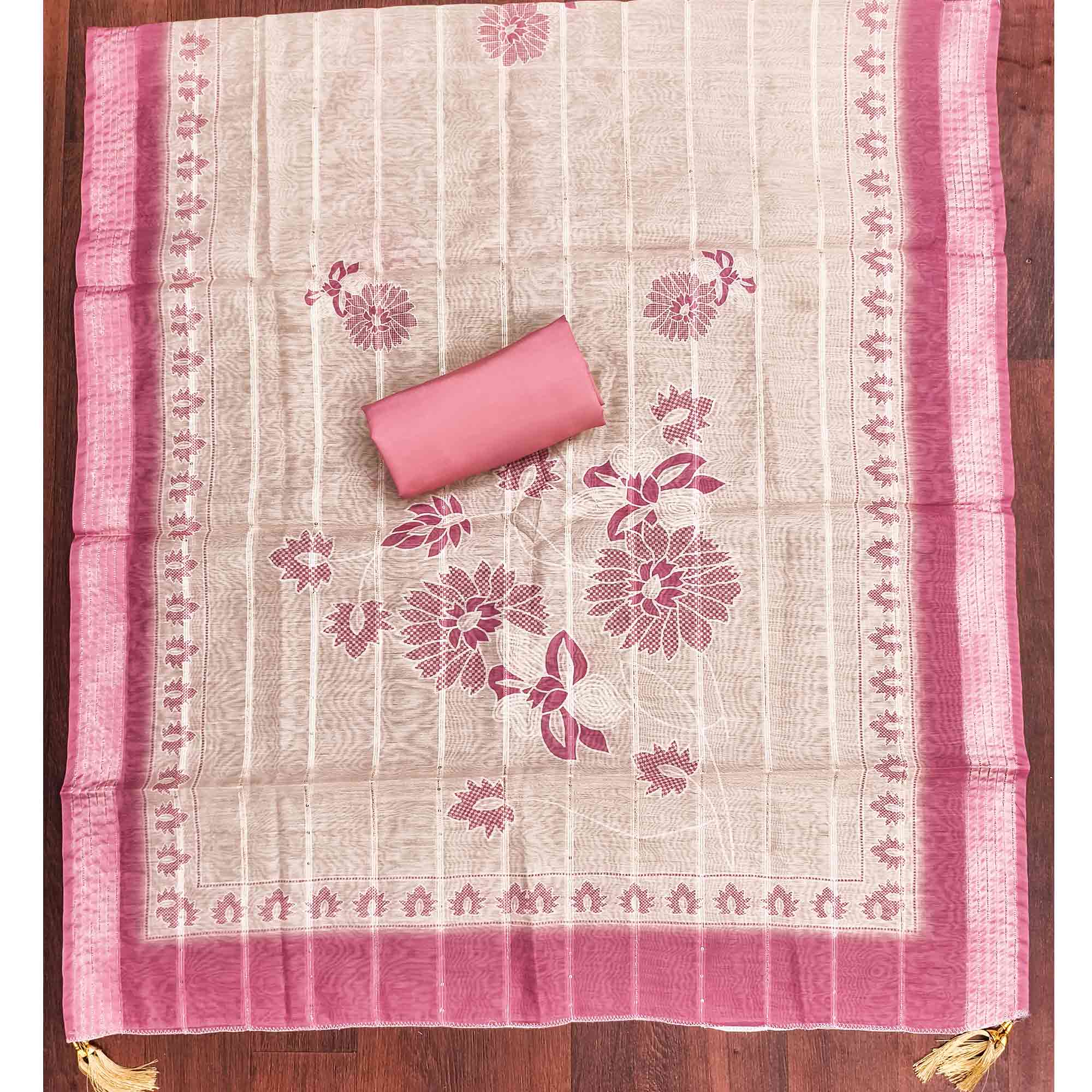 Sophisticated Pink Floral Embroidered Roman Cotton Silk Dress Material With Shimmering Sequins - Image 5
