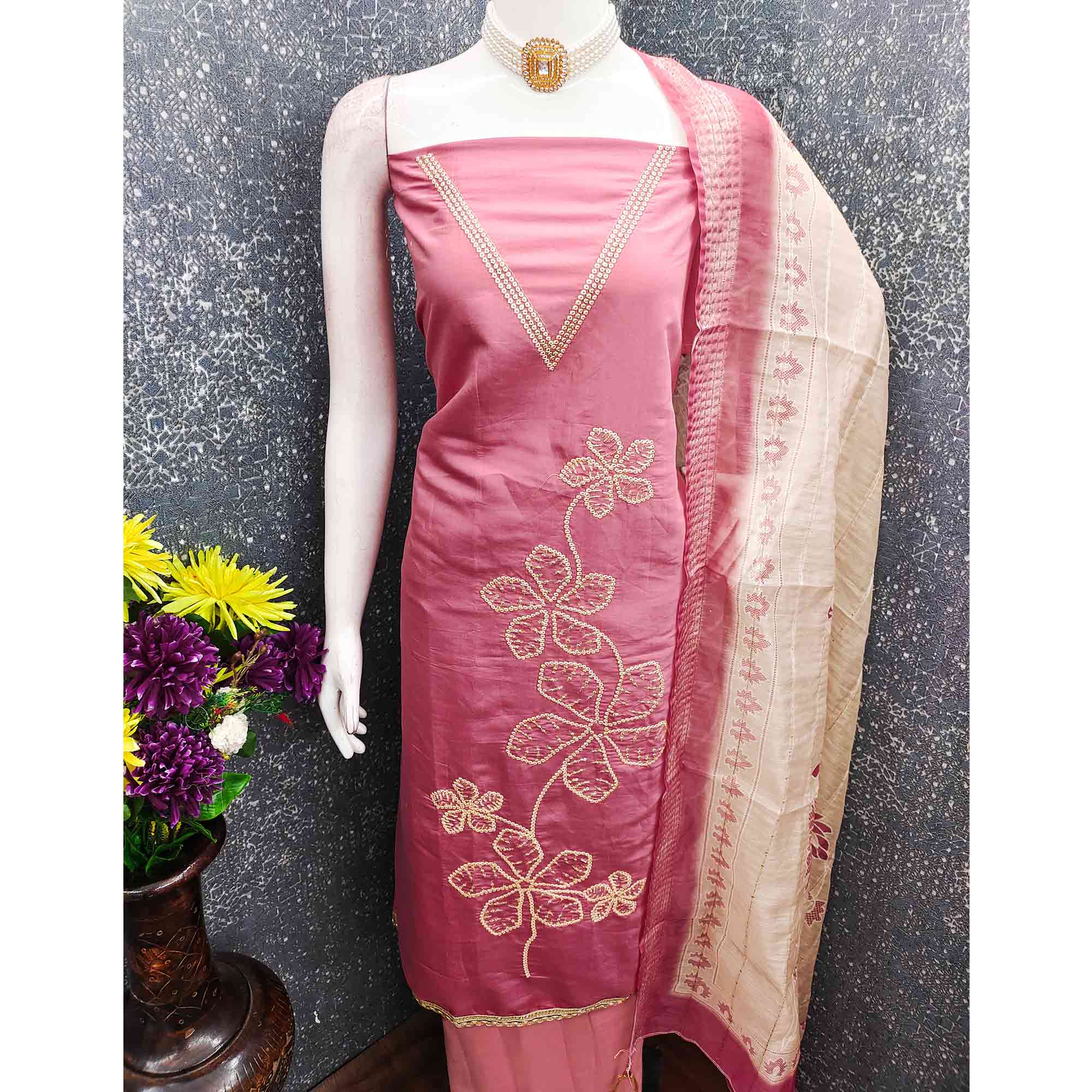 Sophisticated Pink Floral Embroidered Roman Cotton Silk Dress Material With Shimmering Sequins - Image 6