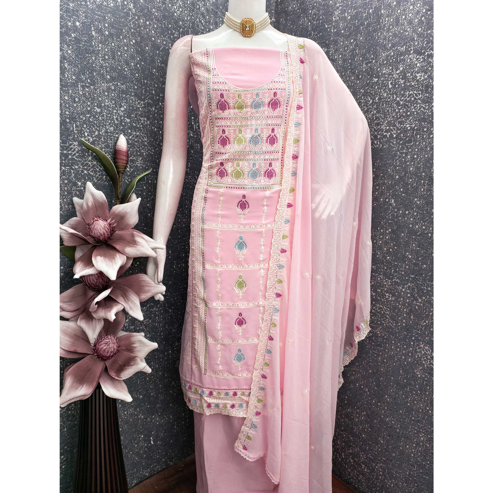 Sophisticated Pink Georgette Dress Material Accented With Ornate Floral Thread Embroidery - Image 3