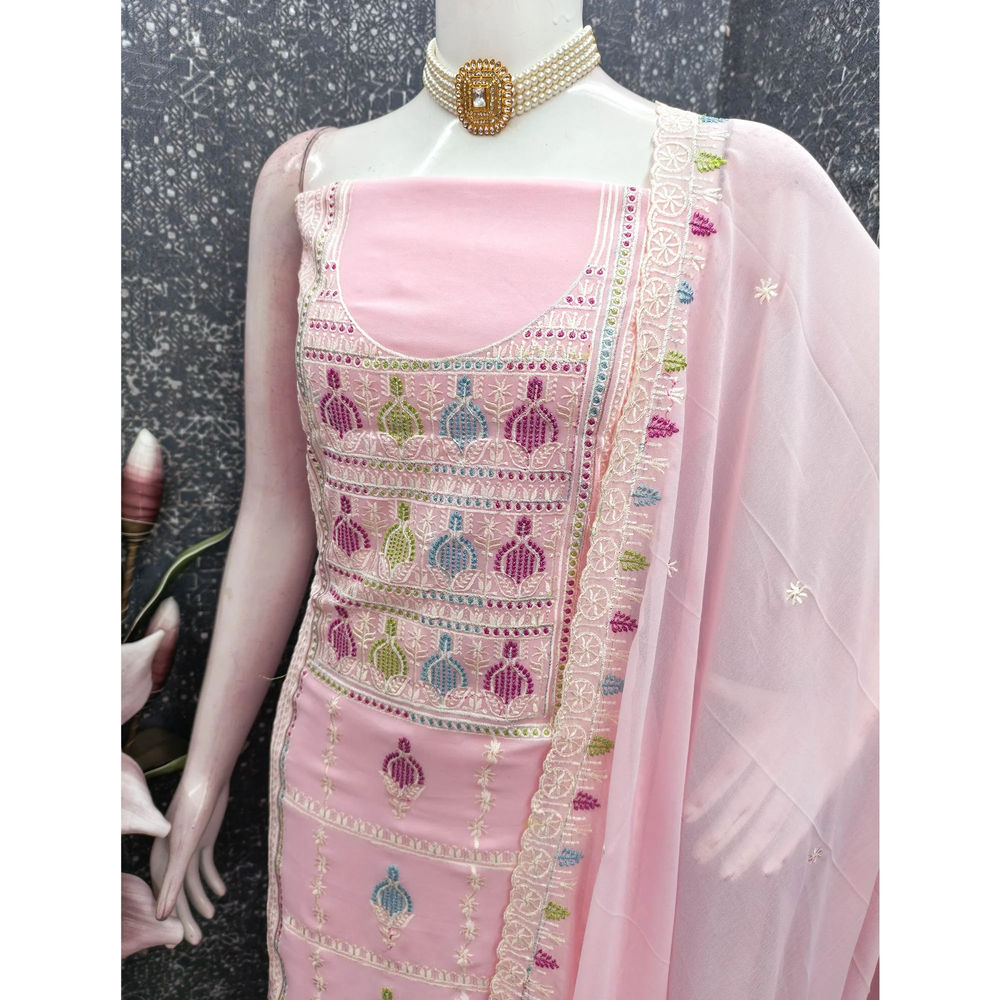 Sophisticated Pink Georgette Dress Material Accented With Ornate Floral Thread Embroidery - Image 4