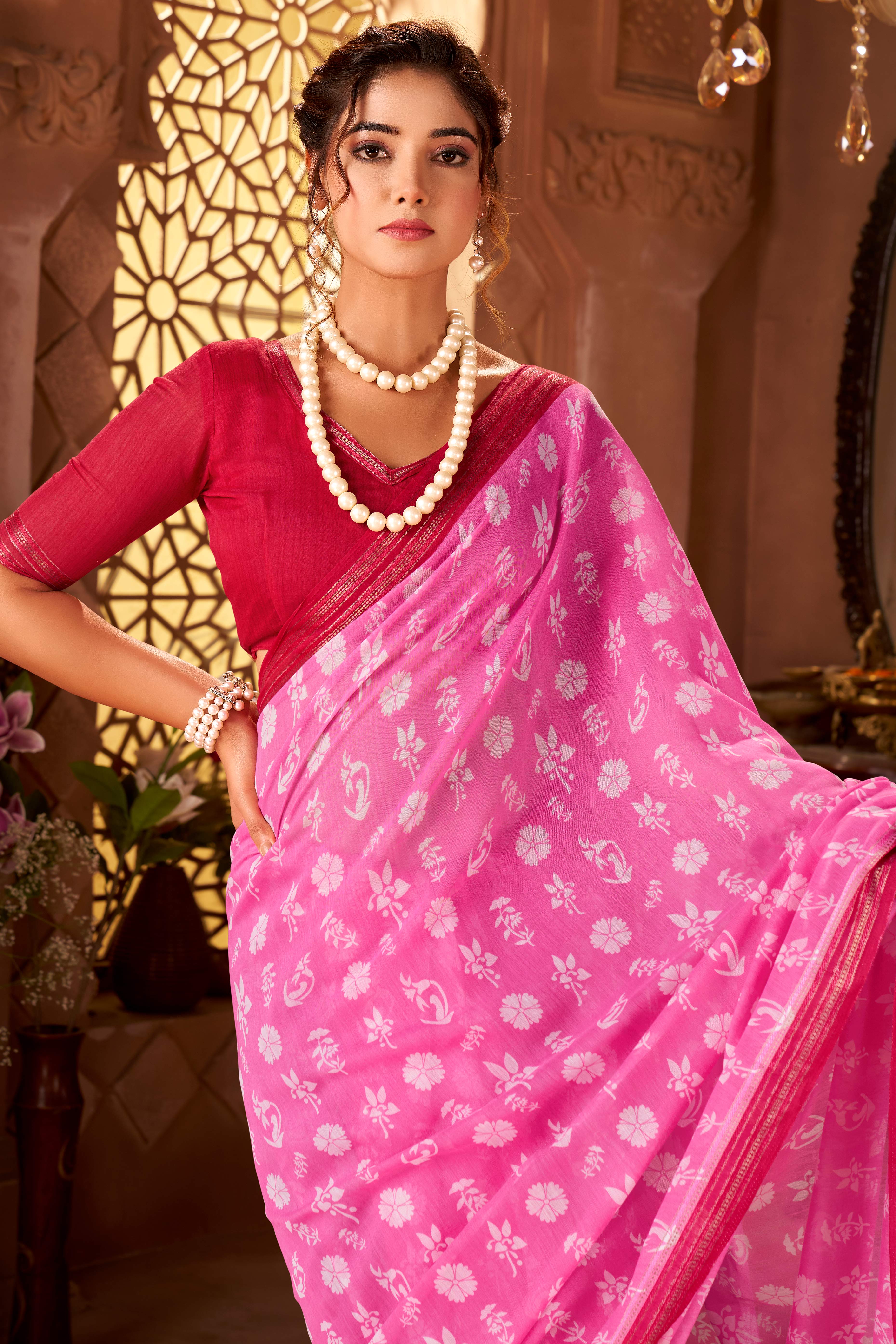 Sophisticated Pink Mulmul Cotton Saree Featuring Delicate Floral Prints & Weaving Border - Image 5