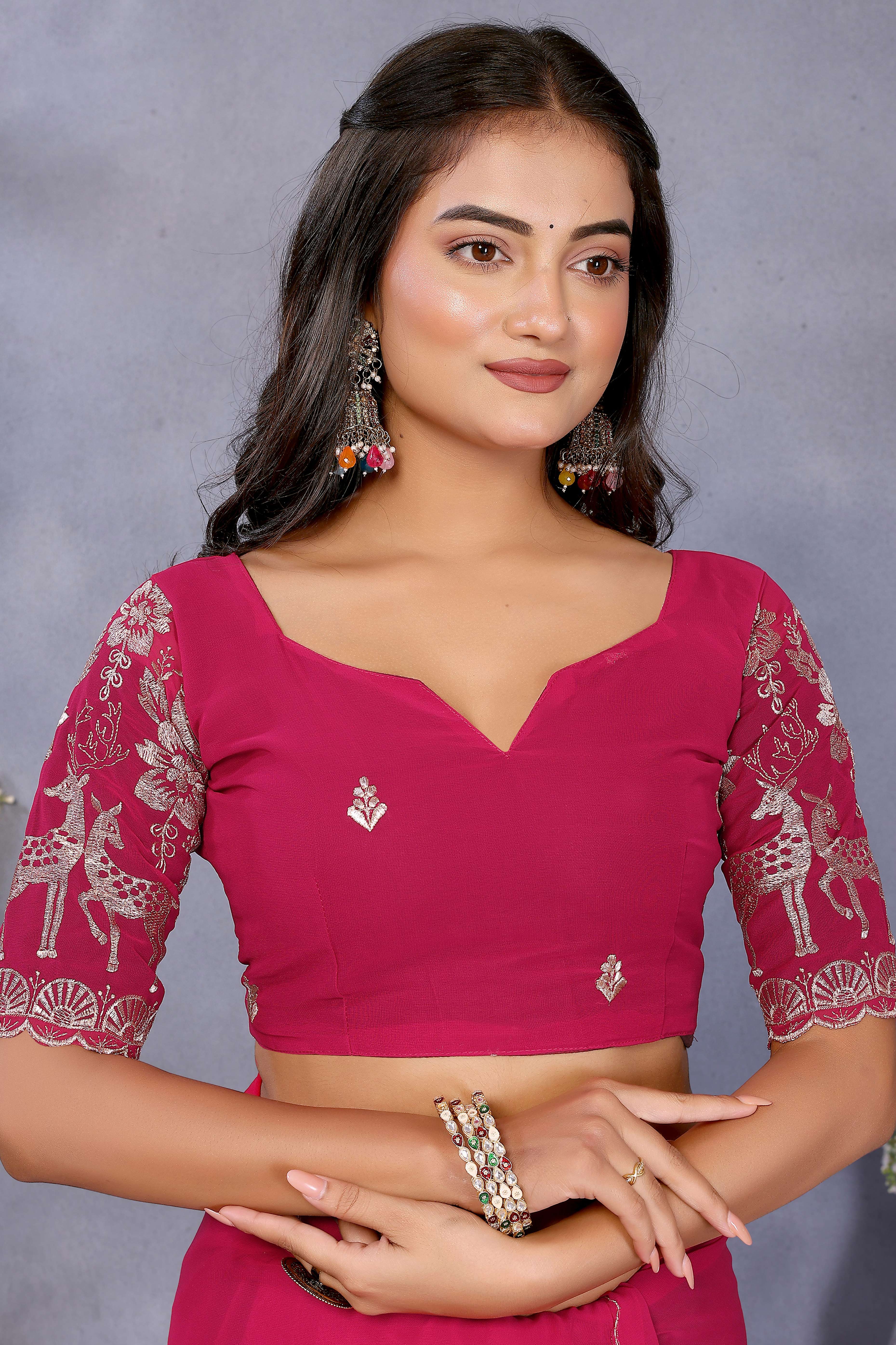 Sophisticated Pink Party Wear Saree in Flowing Georgette Fabric With Embellished Blouse - Image 6