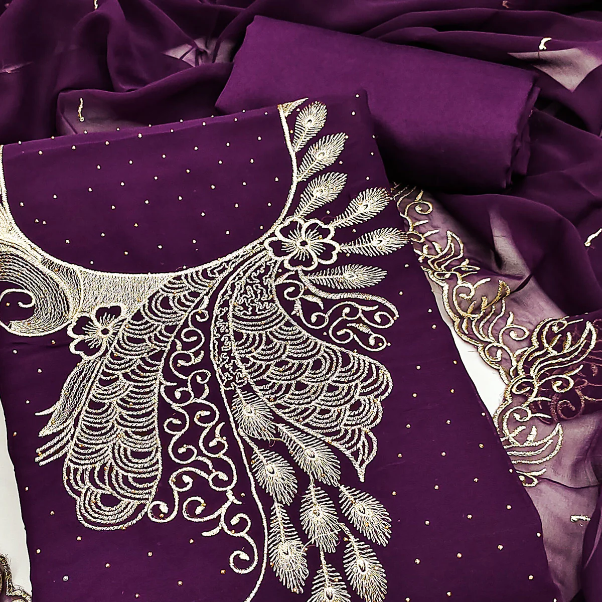Sophisticated Purple Floral Embroidered Georgette Dress Material Enhanced With Fine Swarovski Work - Image 2